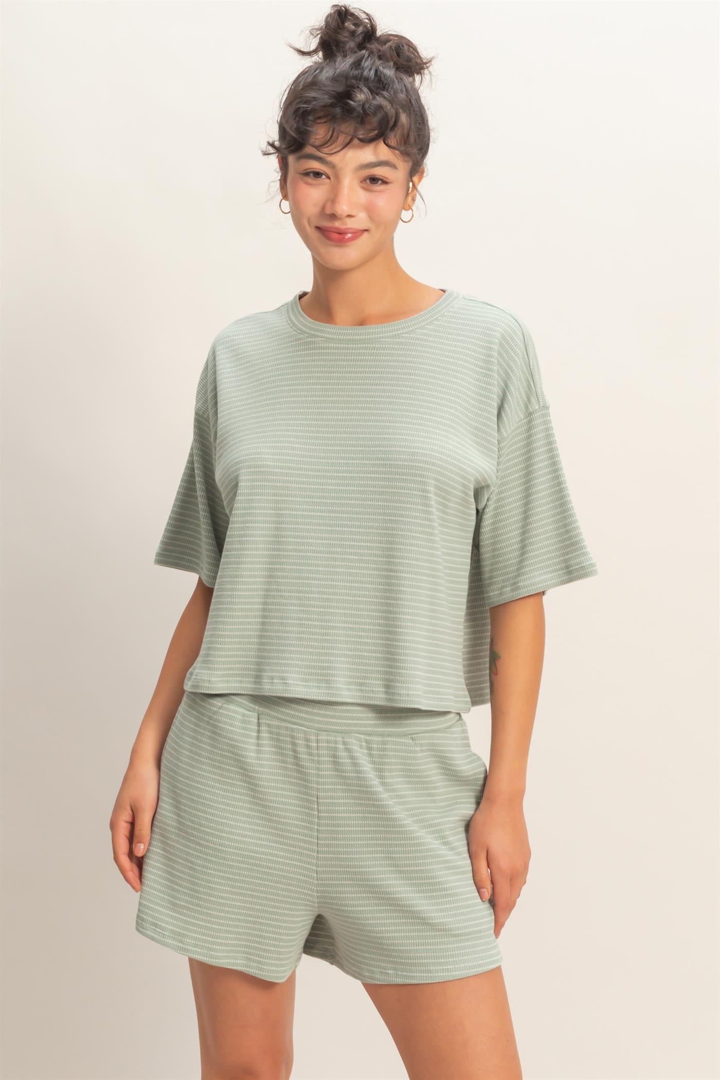 Wholesale Striped Round Neck Top & Shorts Set Clothing DZ26A045-SET SAGE GREEN DOUBLE ZERO