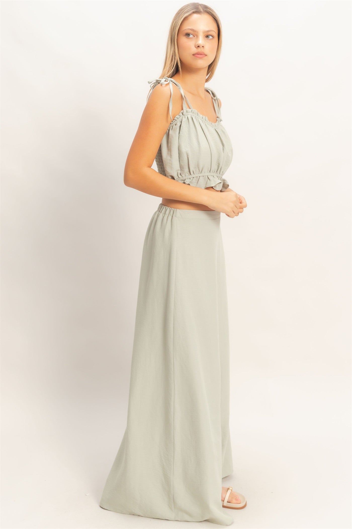 Wholesale Ruffle Smocked Bust Top & Wide Pants Clothing HF26A502-SET-D SAGE HYFVE