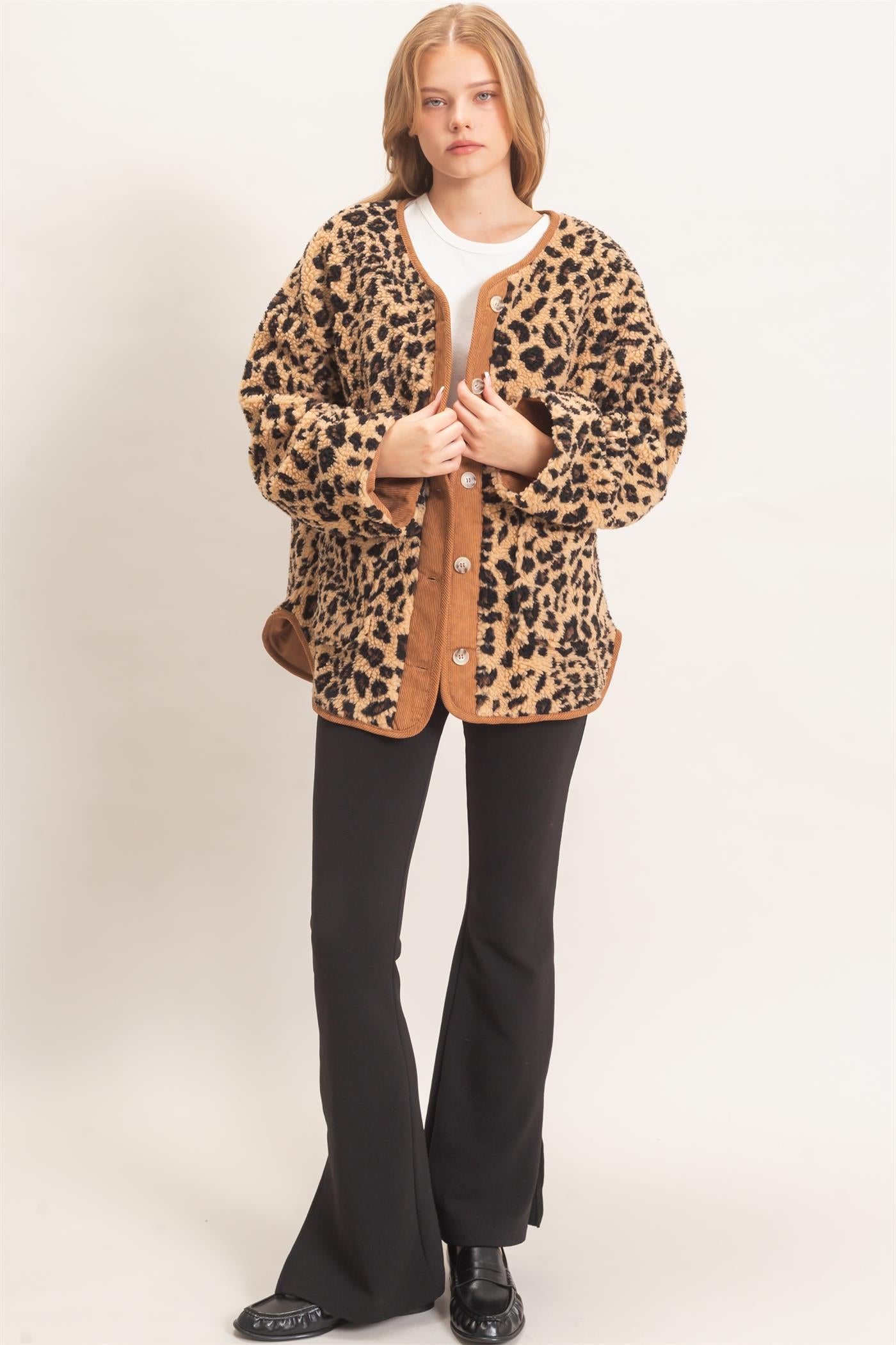 Wholesale Leopard Faux Fur Jacket With Contrast Trim Coats & Jackets HF26F162 TAUPE COMBO HYFVE