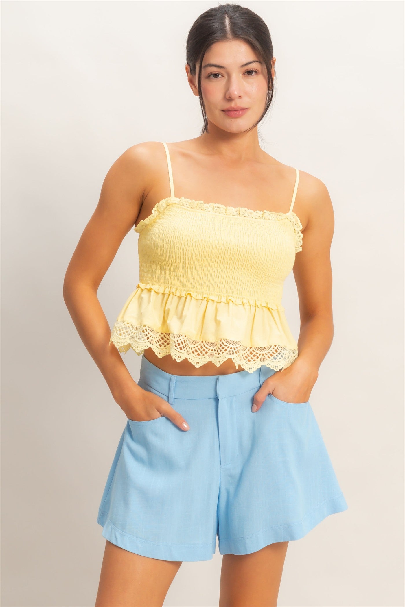 Wholesale Smocked Peplum Top With Lace Trim Clothing Tops HF26C558 YELLOW HYFVE