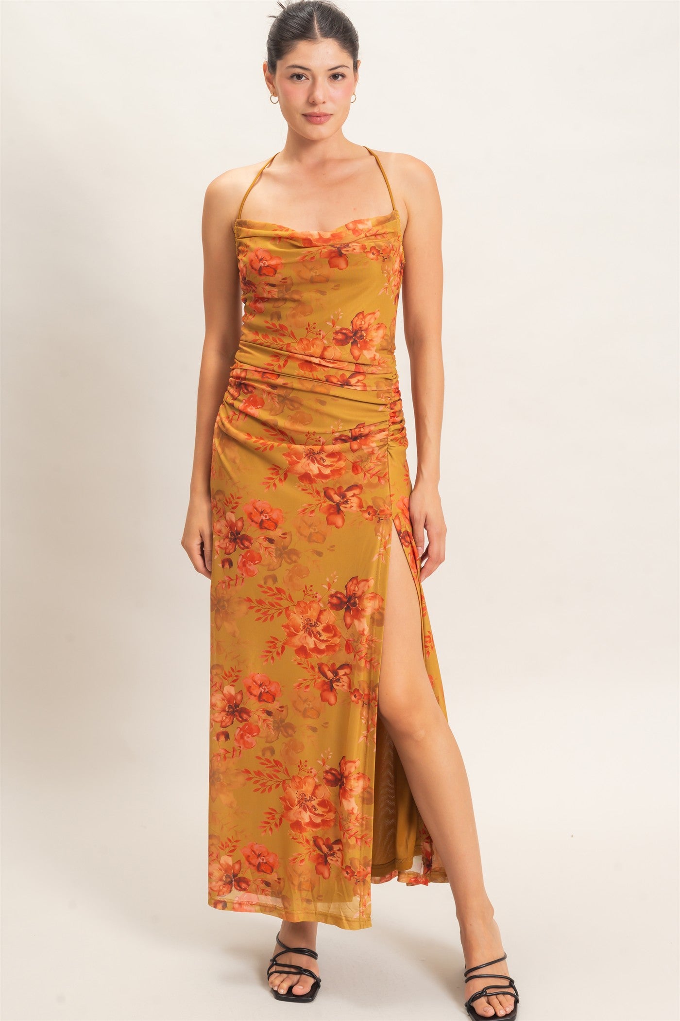 Wholesale Floral Print Spaghetti Strap Dress Dresses HF26E440 MUSTARD HYFVE