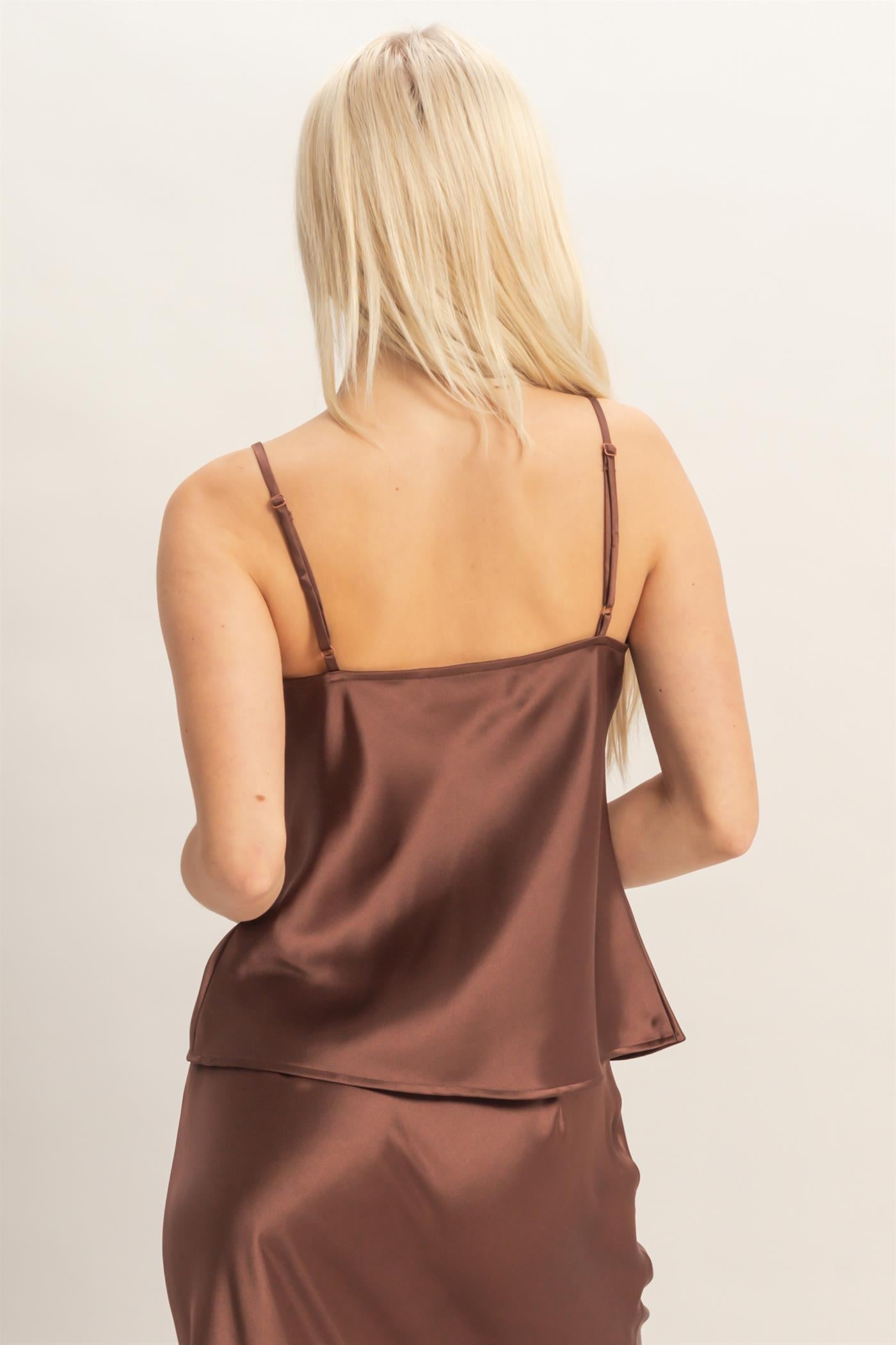 Wholesale Cowl Neck Satin Cami Top Clothing Tops DZ26A277 CHOCOLATE DOUBLE ZERO