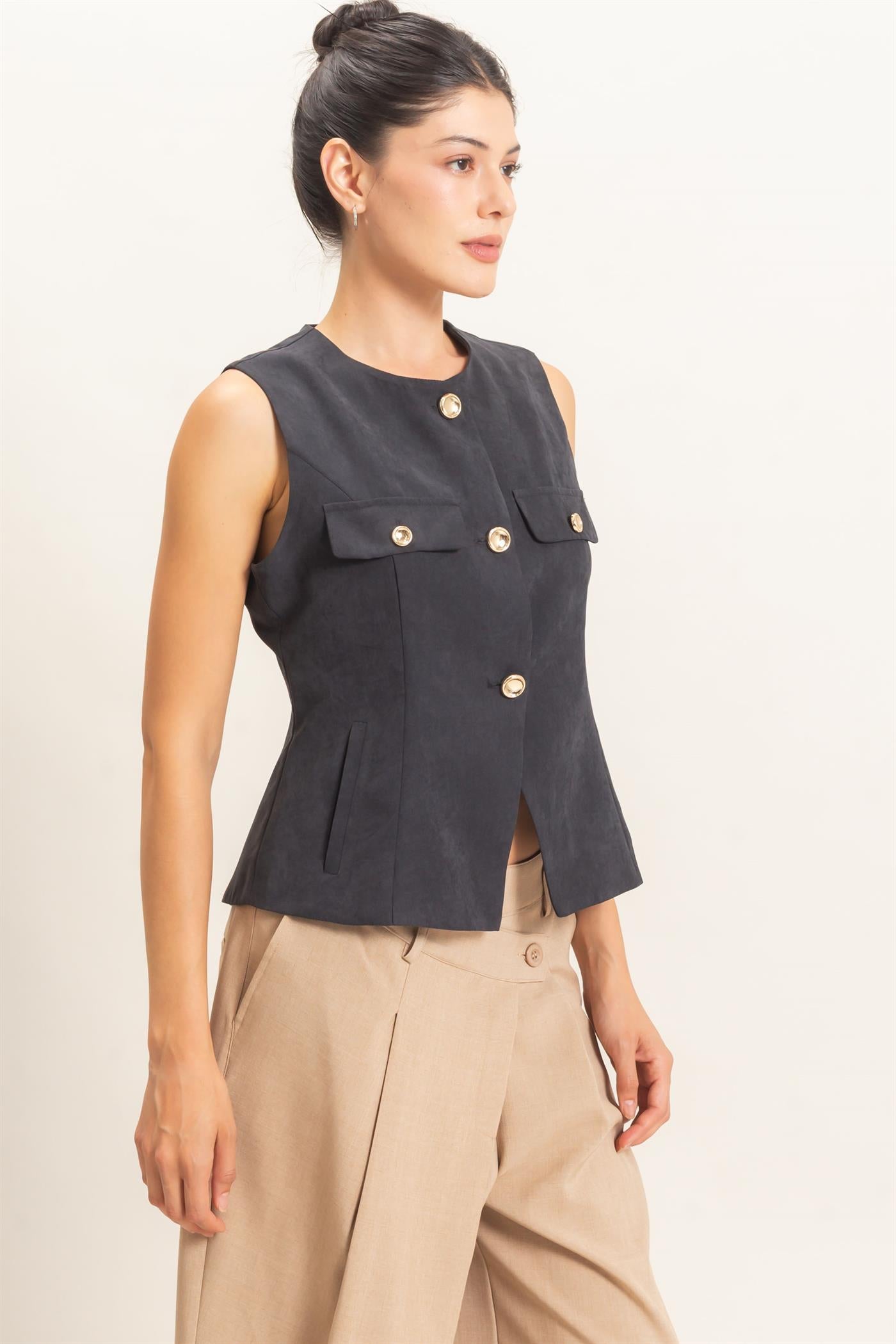Wholesale Buttoned Sleeveless Utility Vest Vests HF26E929 BLACK HYFVE