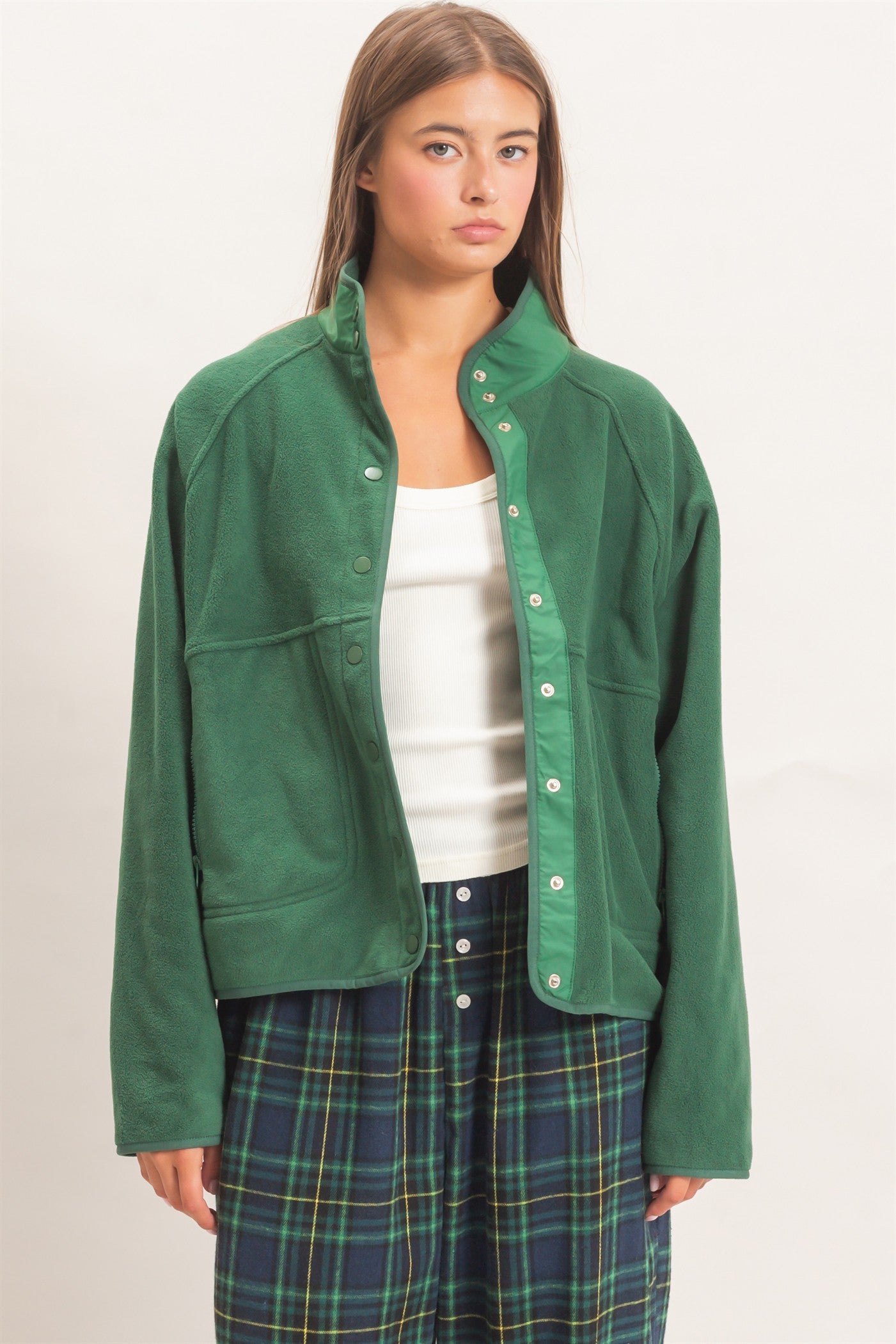 Wholesale Fleece Jacket With Button Front Coats & Jackets DZ26F086 DARK GREEN DOUBLE ZERO