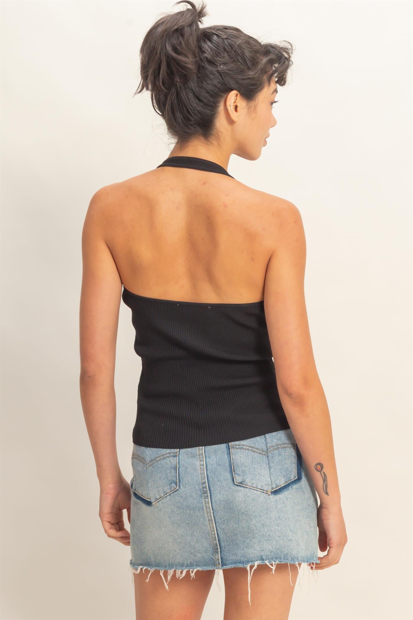 Wholesale Ribbed Halter Neck Top Clothing Tops DZ26C628 BLACK DOUBLE ZERO