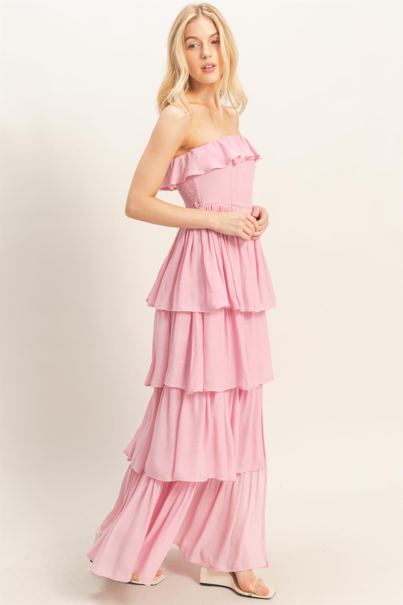 Wholesale Tiered Strapless Ruffle Dress Dresses HF26A616-D PINK HYFVE