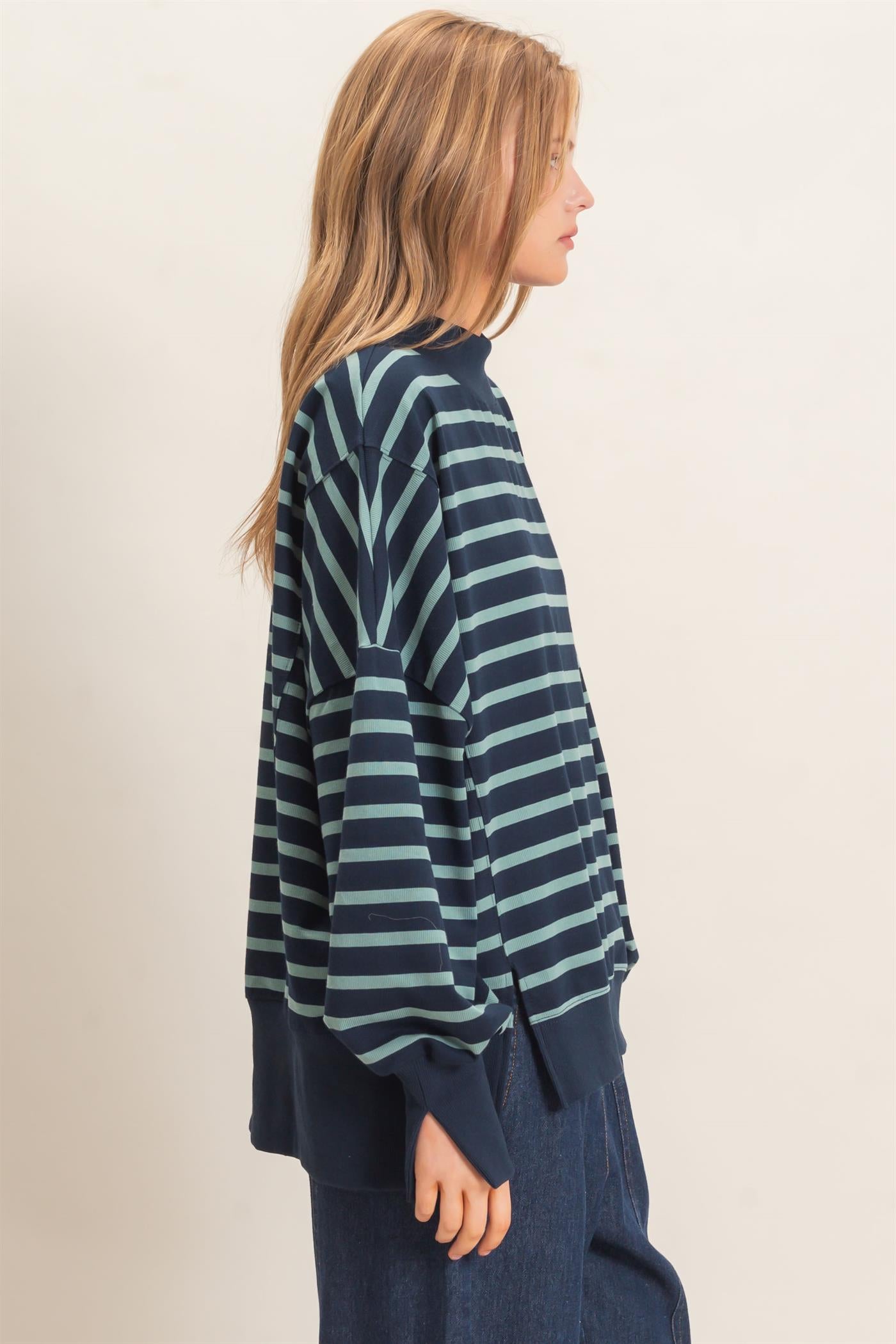 Wholesale Striped Mock Neck Sweatshirt Sweatshirts HF27A178-D NAVY/SAGE HYFVE
