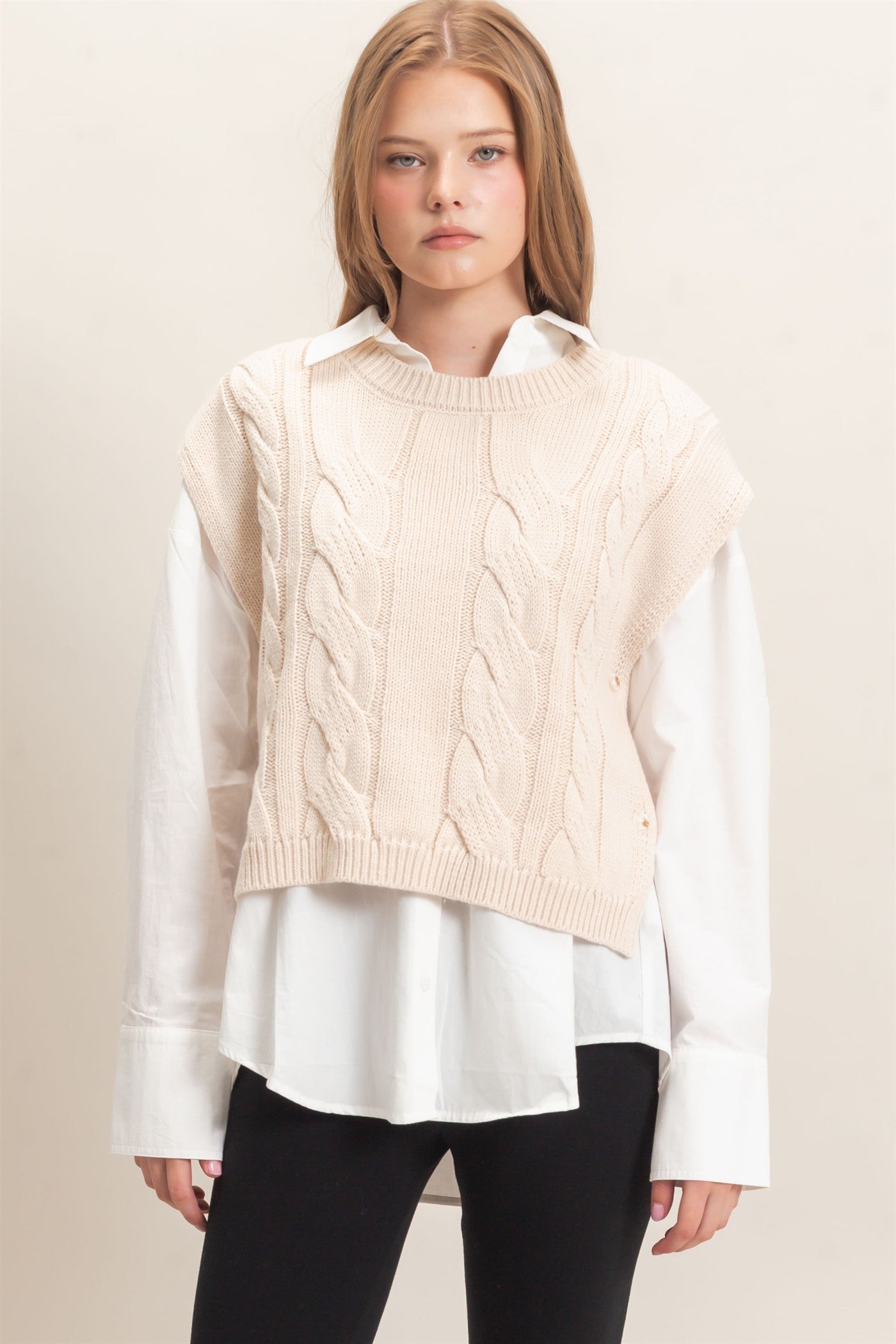 Wholesale Cable Knit Vest With Side Buttons Sweaters HF26F193 CREAM HYFVE