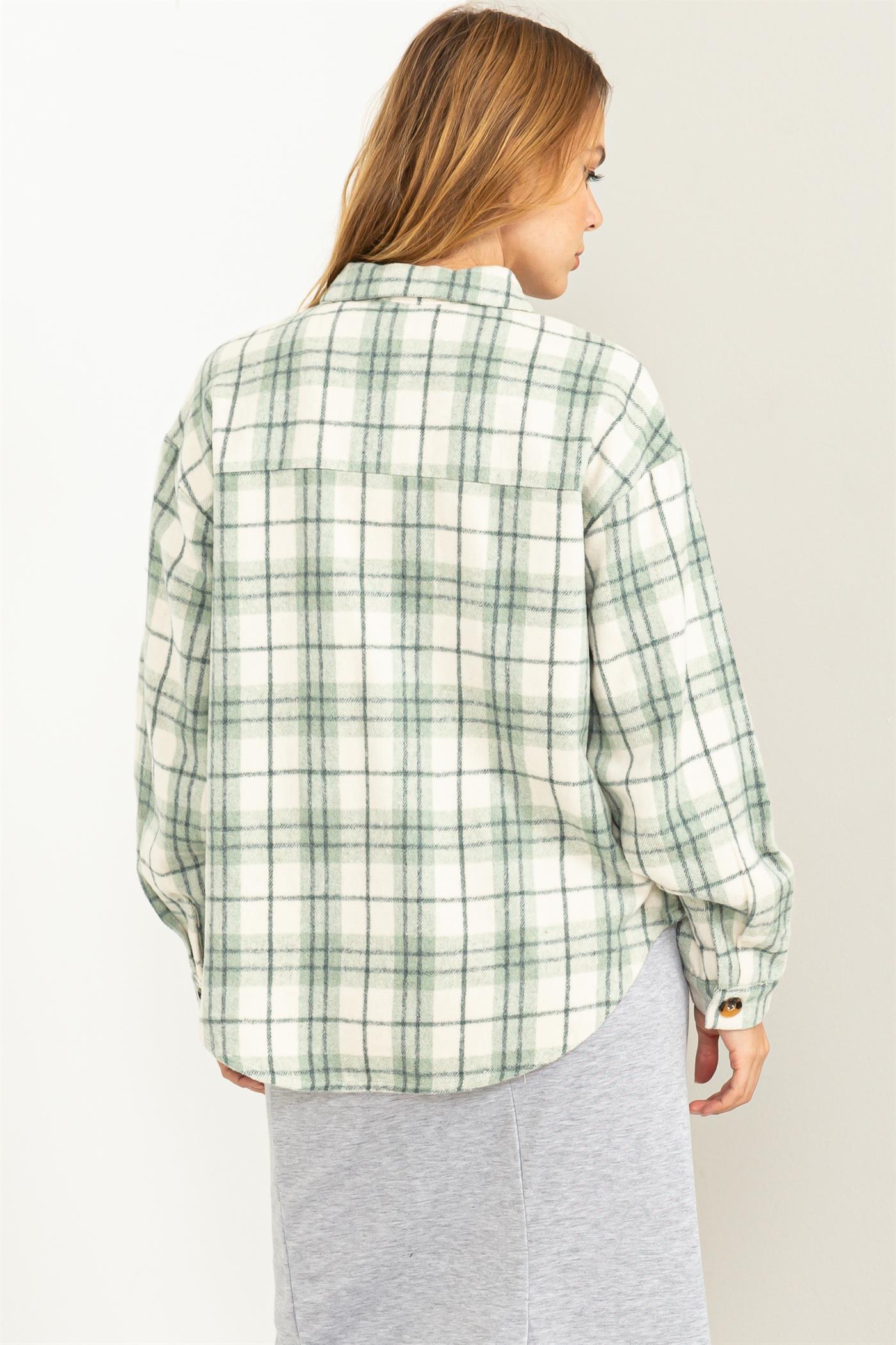 Wholesale Collared Plaid Shacket Shirts HF23G058 SAGE HYFVE