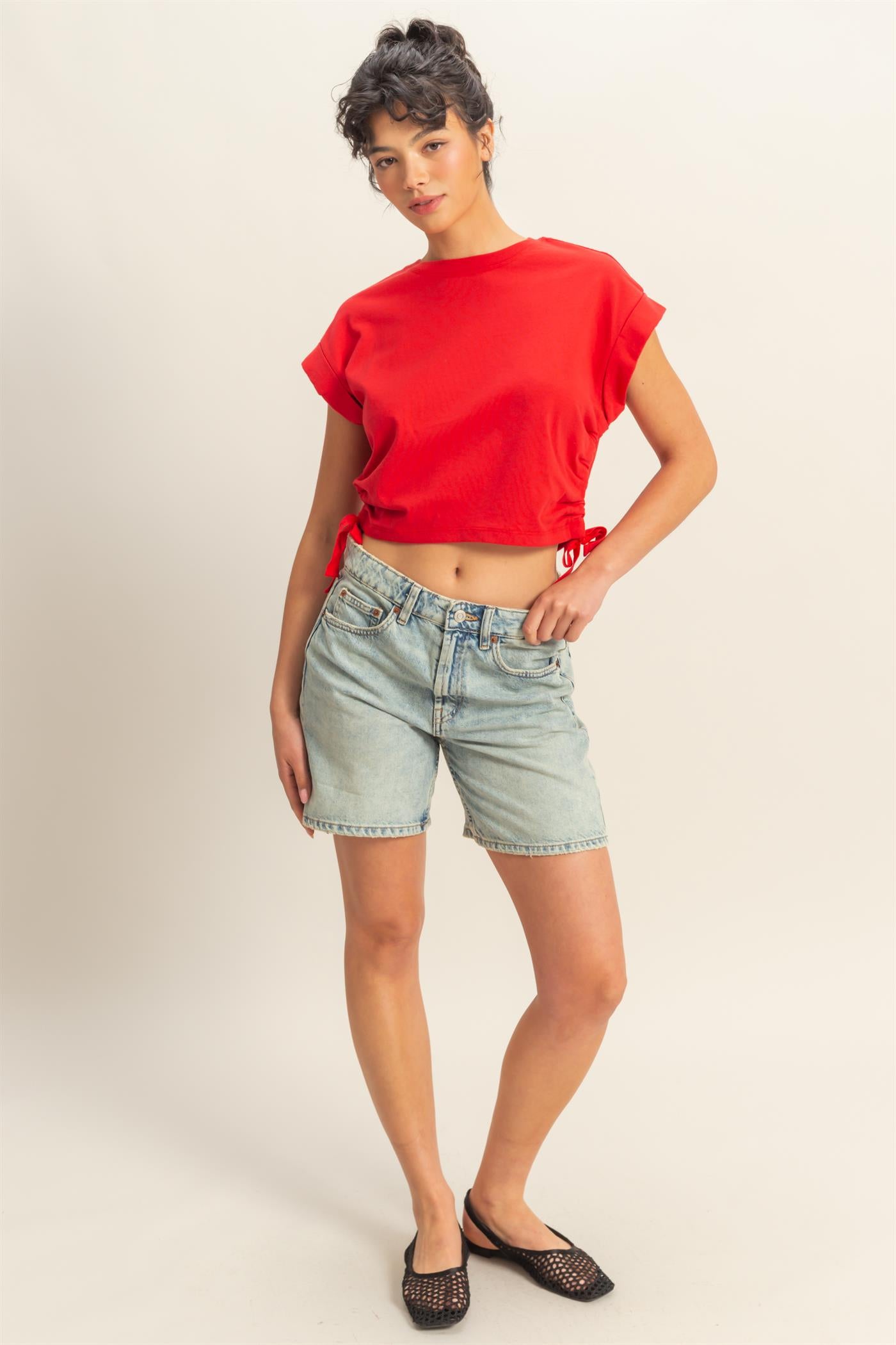 Wholesale Short Sleeve Side Tie Detail Top Clothing Tops DZ25C113 RED DOUBLE ZERO