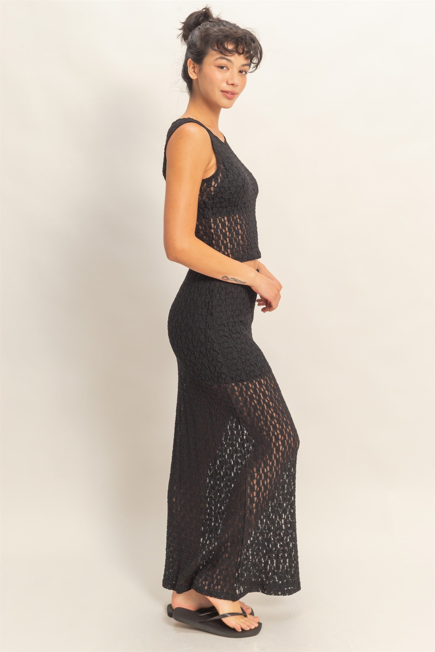 Wholesale Round Neck Lace Top & Lace Maxi Skirt Set Clothing DZ26C670-SET BLACK DOUBLE ZERO