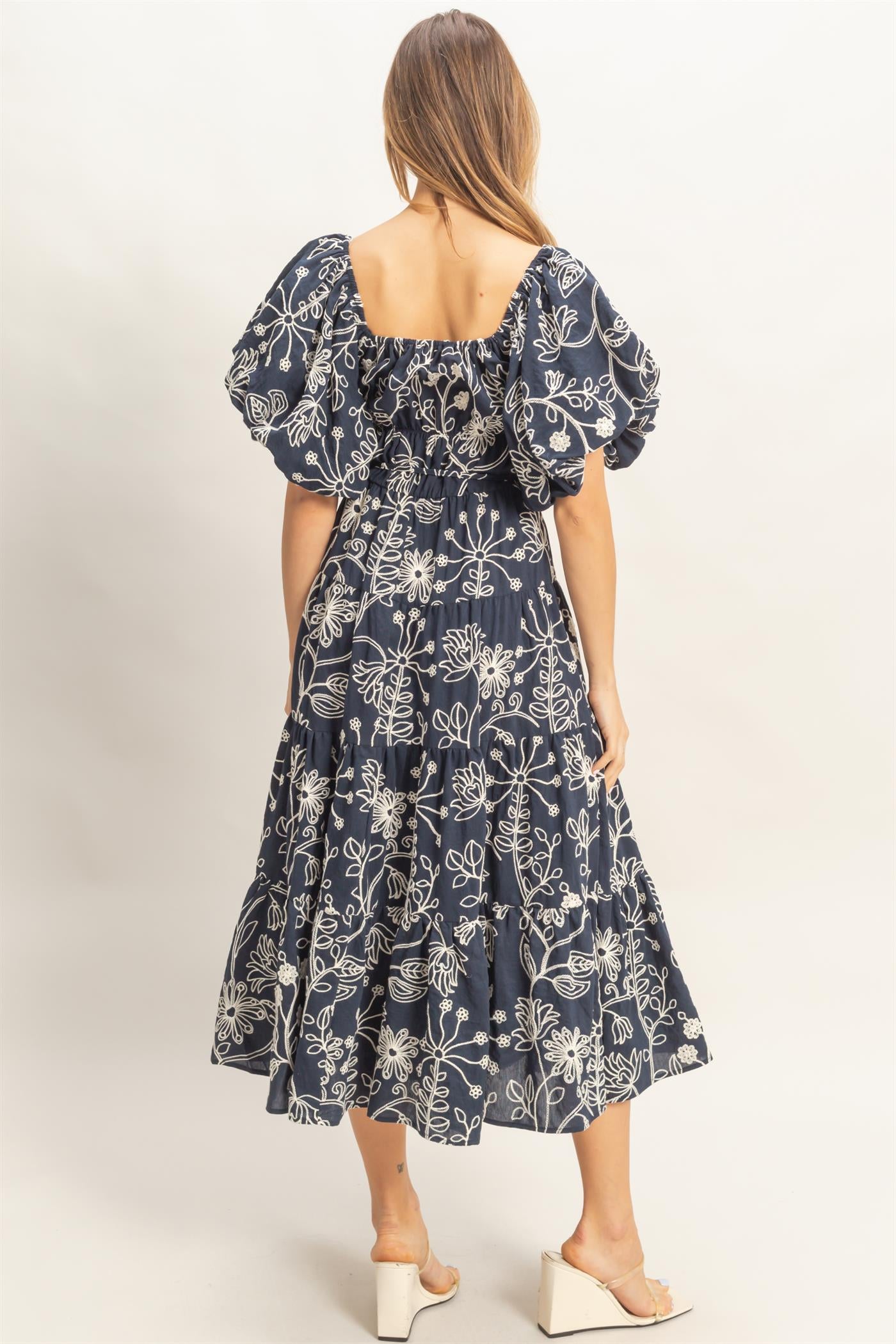 Wholesale Floral Puff Sleeve Midi Dress Dresses HF26C777-D NAVY HYFVE