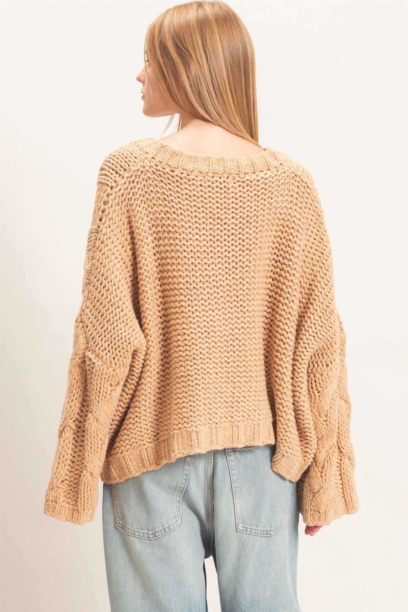 Wholesale Cable Knit V-Neck Sweater Sweaters HF26F175-D TAUPE HYFVE