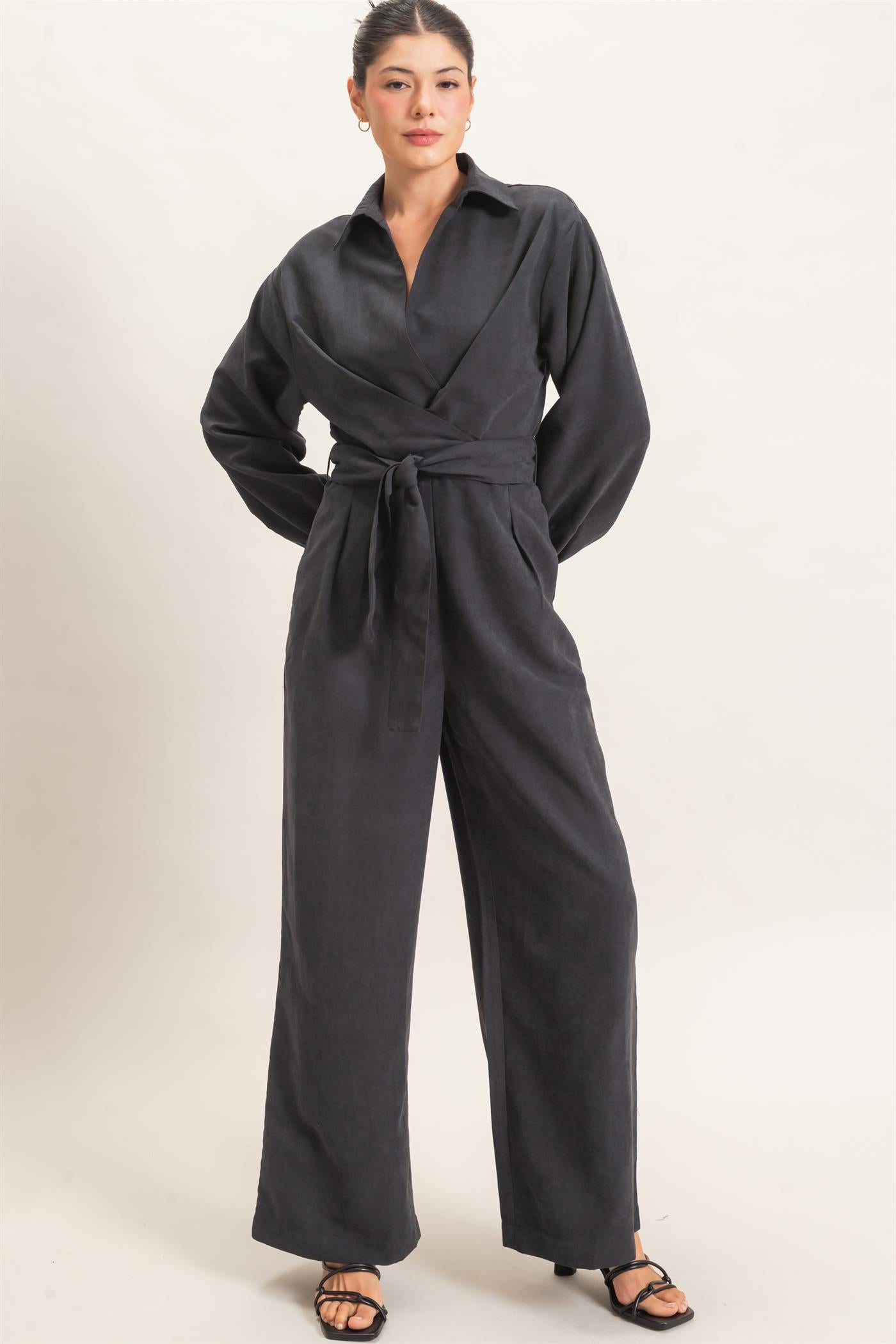 Wholesale Collared Wrap Suede Jumpsuit Clothing HF26C905 BLACK HYFVE