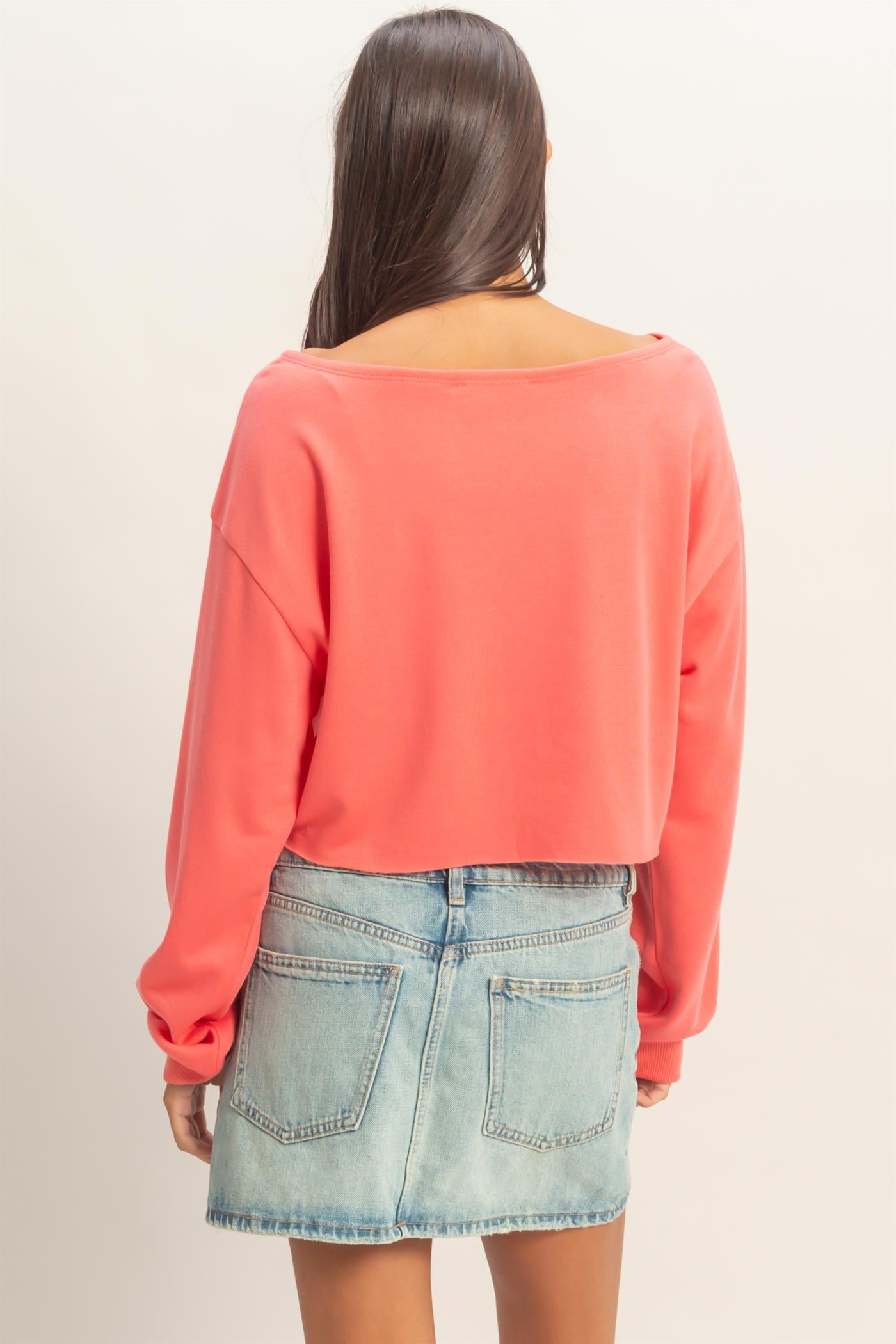 Wholesale Casually Cute Boat Neck Long Sleeve Top Clothing Tops DZ25C023 CORAL DOUBLE ZERO