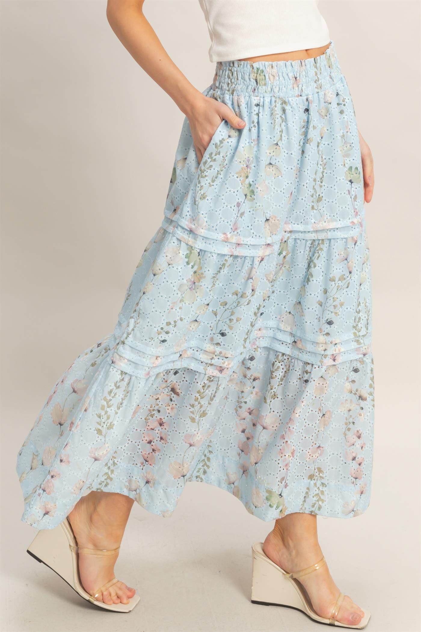 Wholesale Floral Smocked Waist Skirt Skirts HF26A361-D BLUE HYFVE