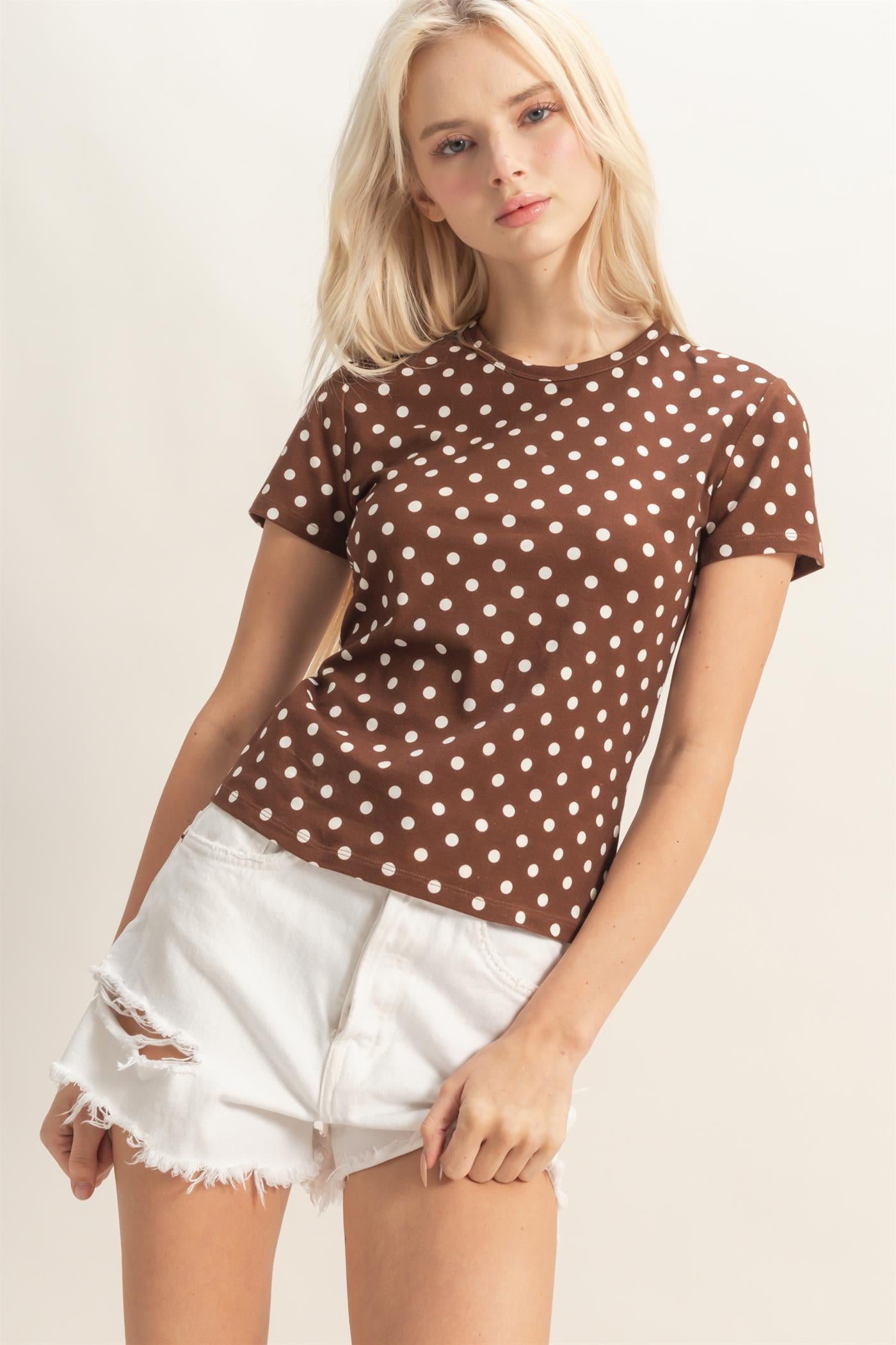 Wholesale Polka Dot Short Sleeve Crew Neck Top Clothing Tops DZ26C383 BROWN DOUBLE ZERO