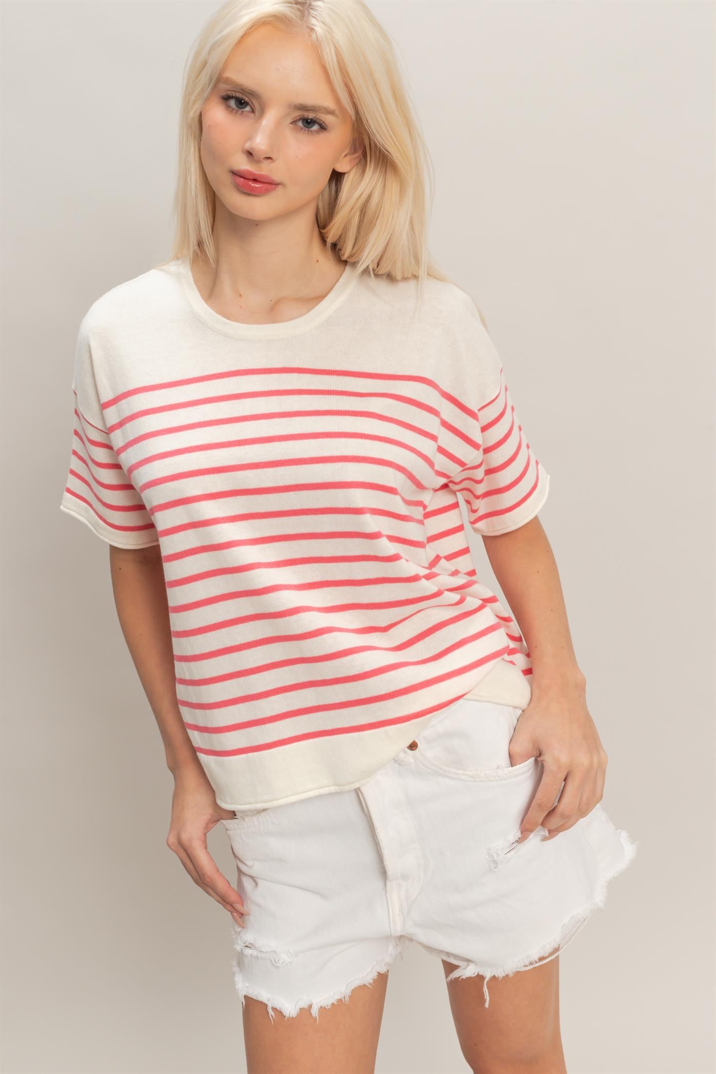 Wholesale Striped Short Sleeve Knit Top Clothing Tops DZ26A838 PINK DOUBLE ZERO