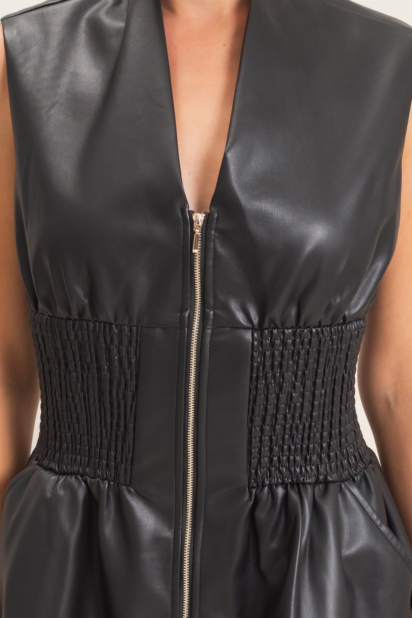 Wholesale Faux Leather Zip Front Dress Dresses HF26E364 BLACK HYFVE