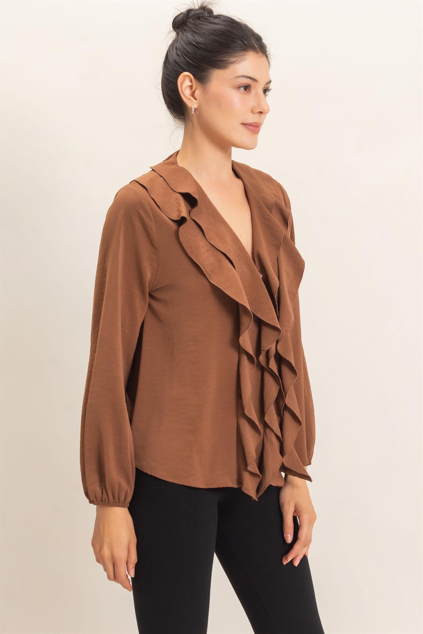 Wholesale Ruffled V-Neck Button-Up Blouse Blouses HF26C739 BROWN HYFVE