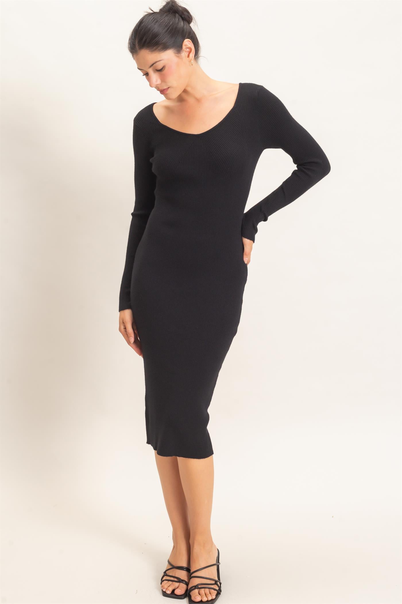 Wholesale Ribbed V-Neck Long Sleeve Dress Dresses HF26E217 BLACK HYFVE