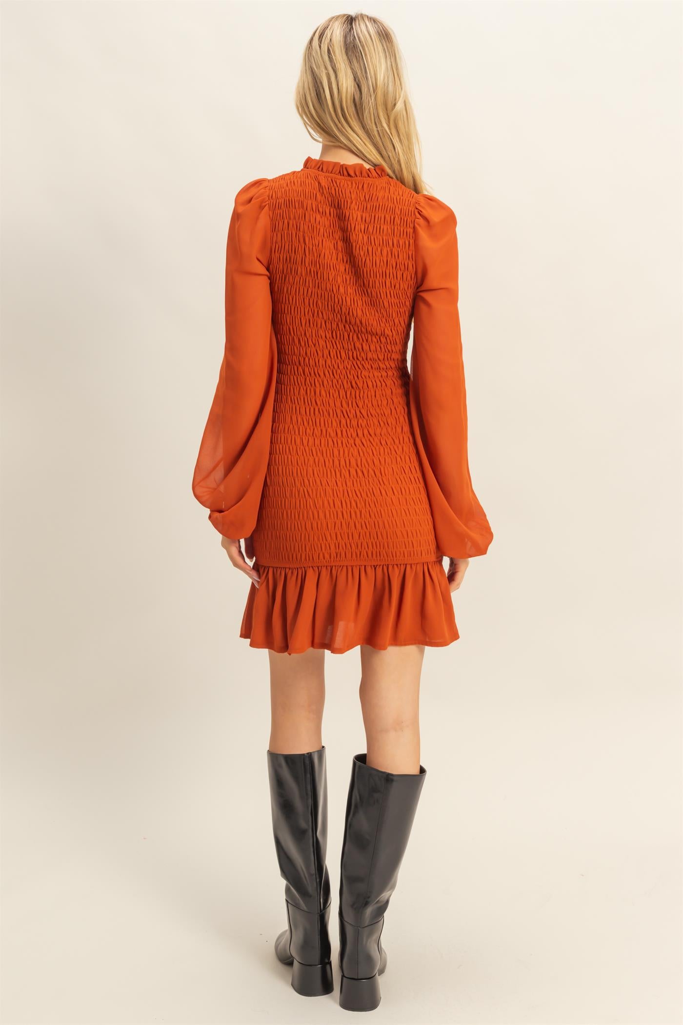 Wholesale Smocked Ruffled Mini Dress Dresses HF23G430 BROWN HYFVE