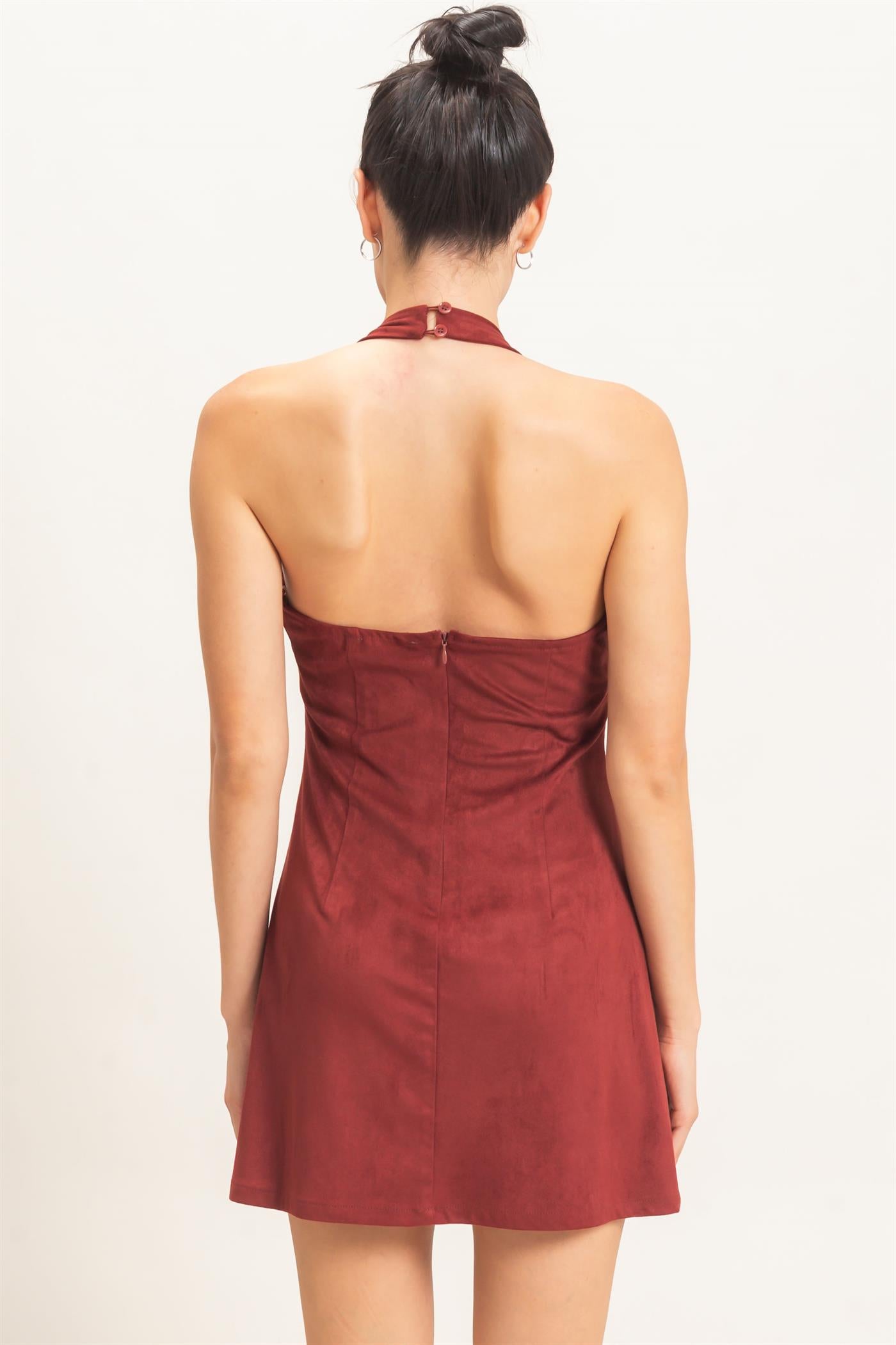 Wholesale Suede V-Neck Halter Dress Dresses HF26E500 BURGUNDY HYFVE