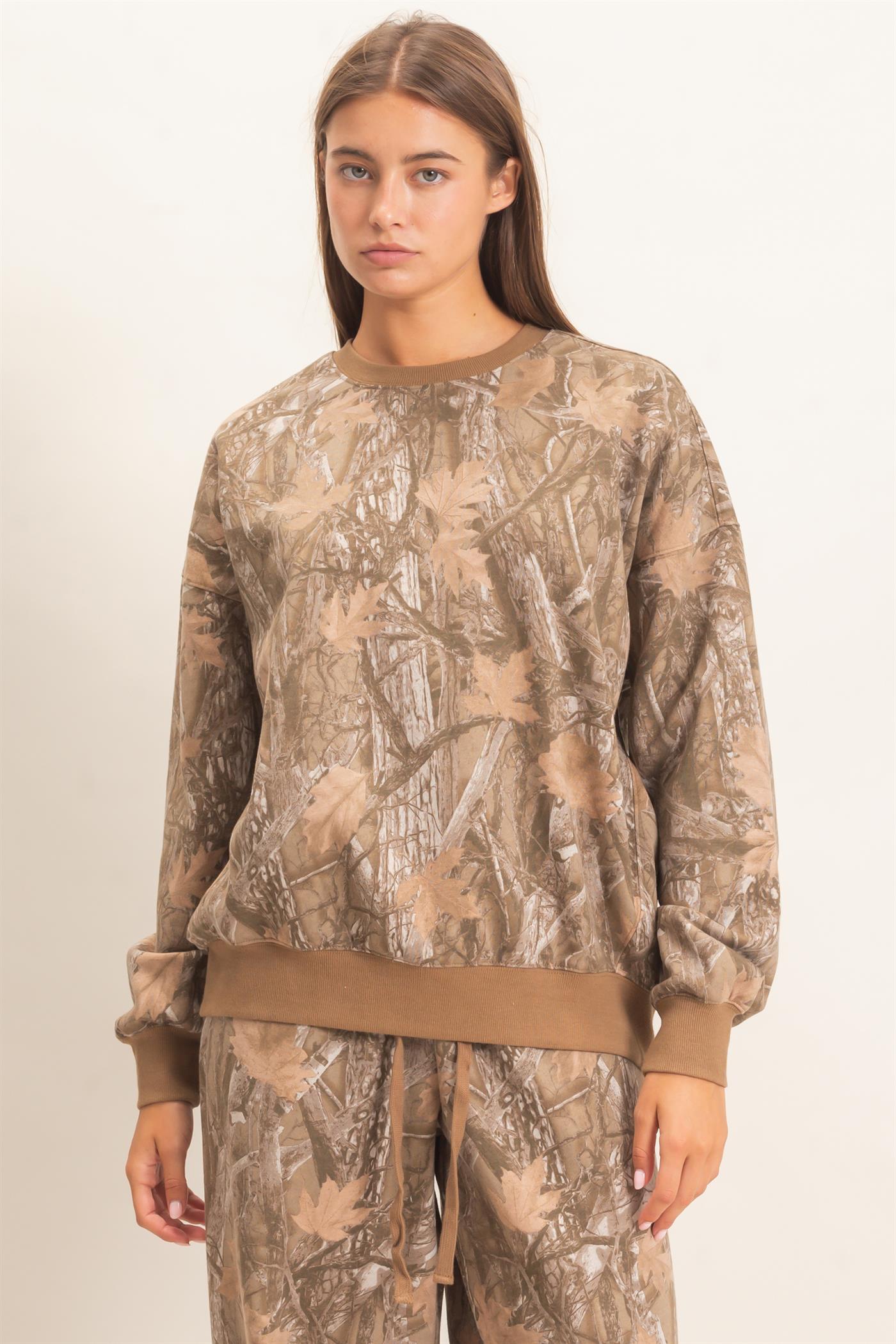 Wholesale Tree Camouflage Crew Neck Sweatshirt Sweatshirts DZ26E789 BROWN DOUBLE ZERO