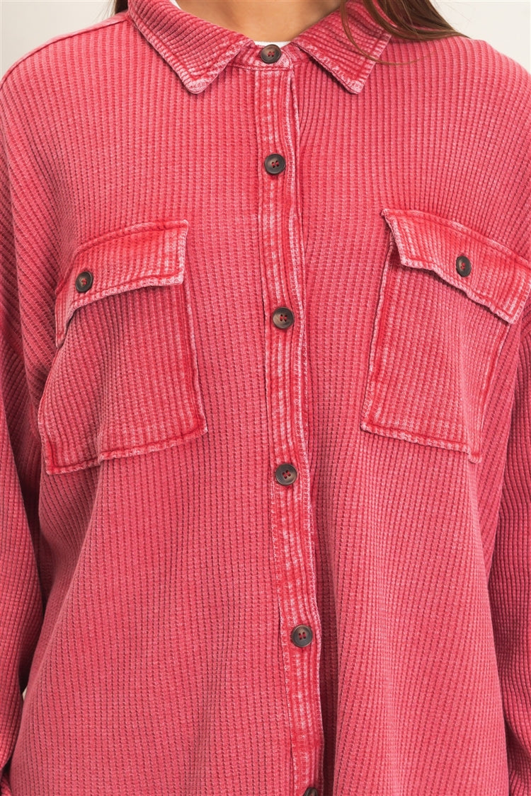 Wholesale Mineral Wash Waffle Knit Button-Up Shacket Coats & Jackets DZ26E249 DARK RED DOUBLE ZERO