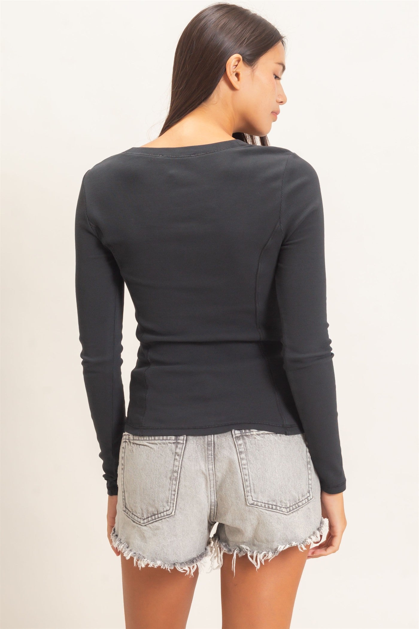 Wholesale Pigment Dye Seam Detail Scoop Neck Top Clothing Tops DZ26E242 BLACK DOUBLE ZERO