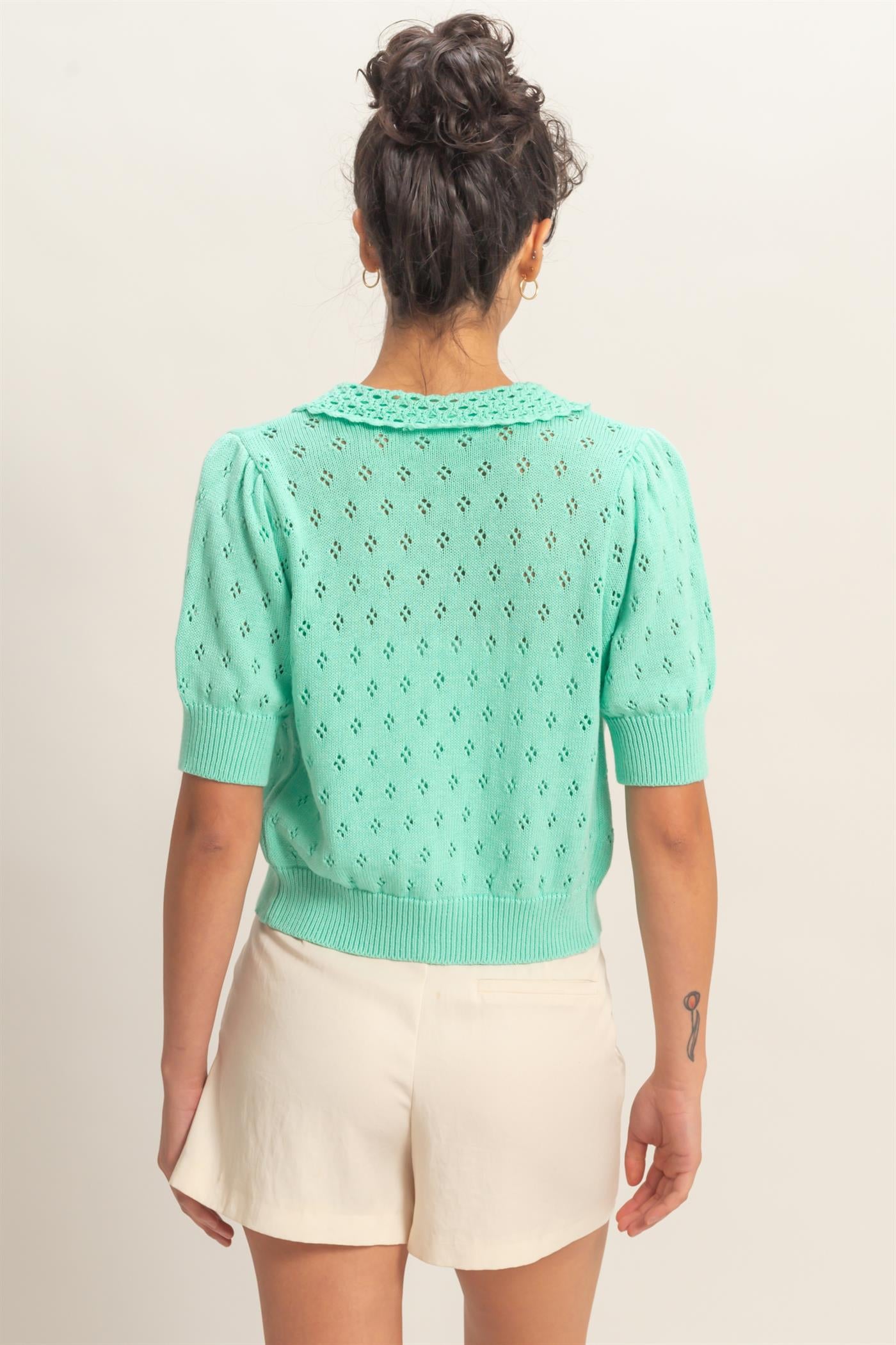 Wholesale Pointelle Collar Button-Up Puff Sleeve Knit Top Clothing Tops DZ26A748 MINT HYFVE