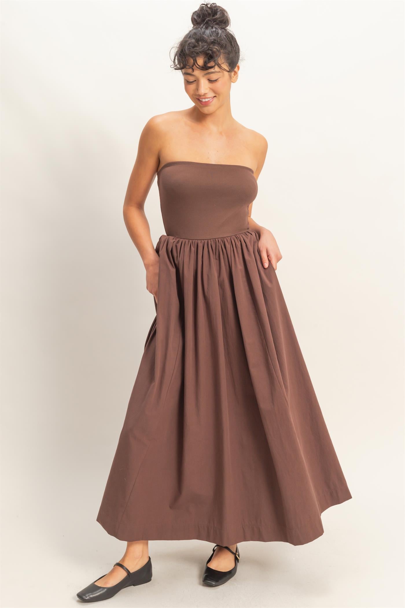 Wholesale Strapless Flowy Midi Dress Dresses DZ26A744 CHOCOLATE DOUBLE ZERO