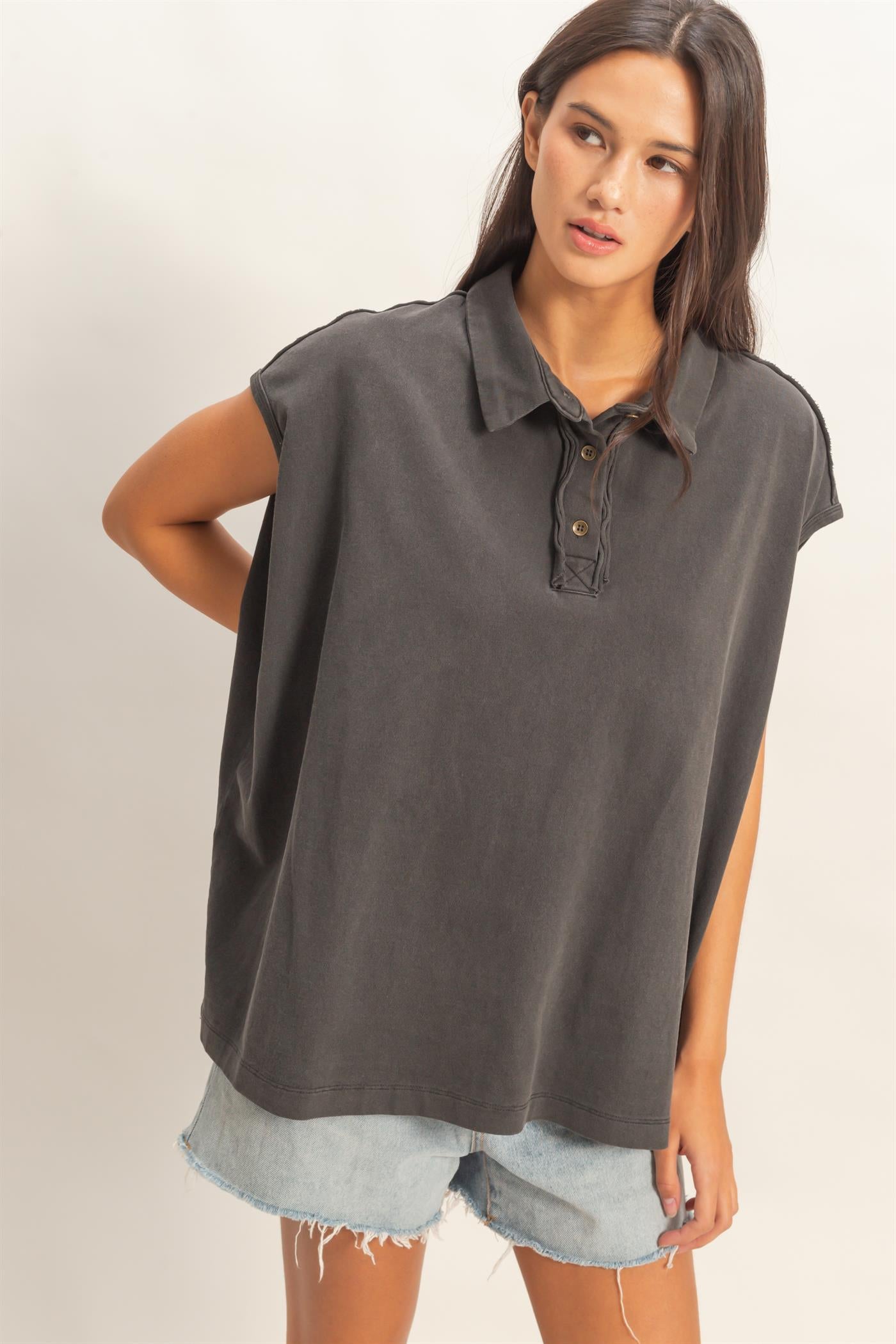 Wholesale Pigment Dye Sleeveless Polo Oversized Top Clothing Tops DZ26C618 BLACK DOUBLE ZERO