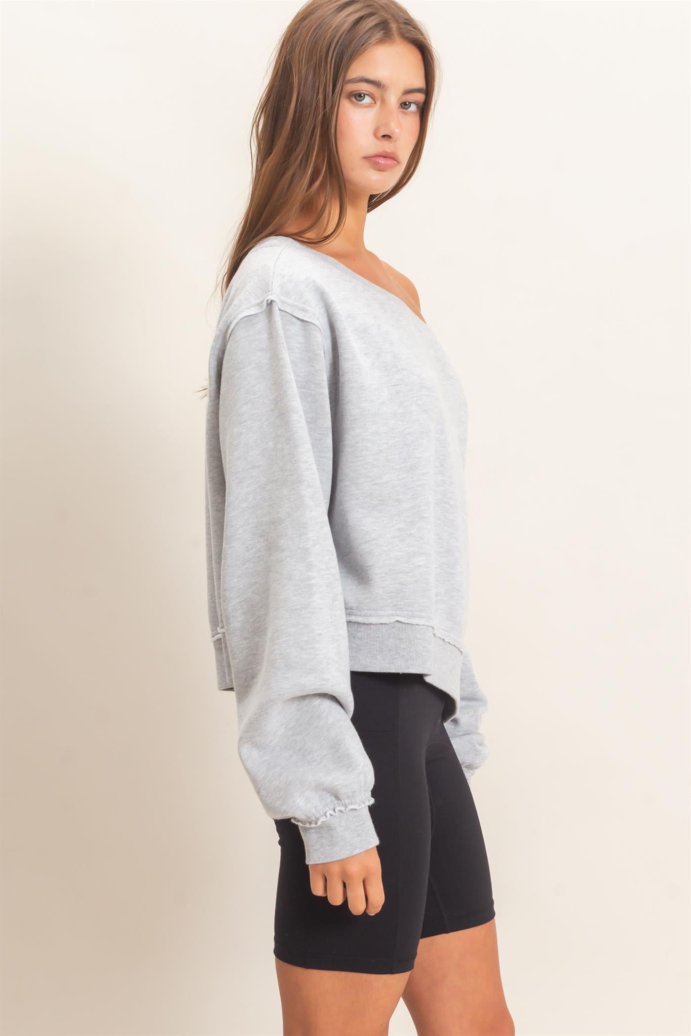 Wholesale Raw Edge Acid Wash Off The Shoulder Sweatshirt Sweatshirts DZ26F013 HEATHER GRAY DOUBLE ZERO