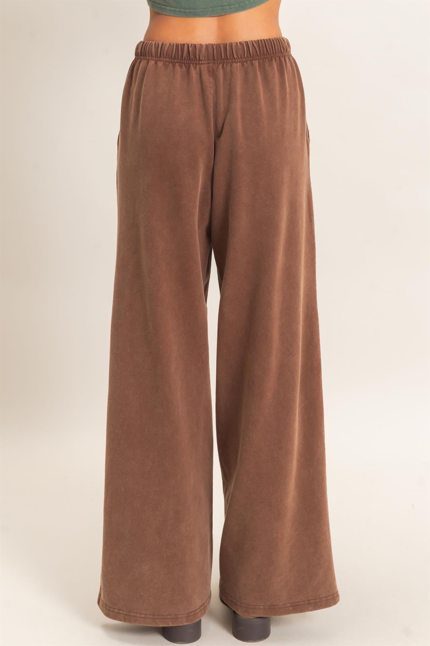 Wholesale Acid Wash Drawstring Waist Wide Leg Pants Pants DZ25A685 DARK BROWN DOUBLE ZERO