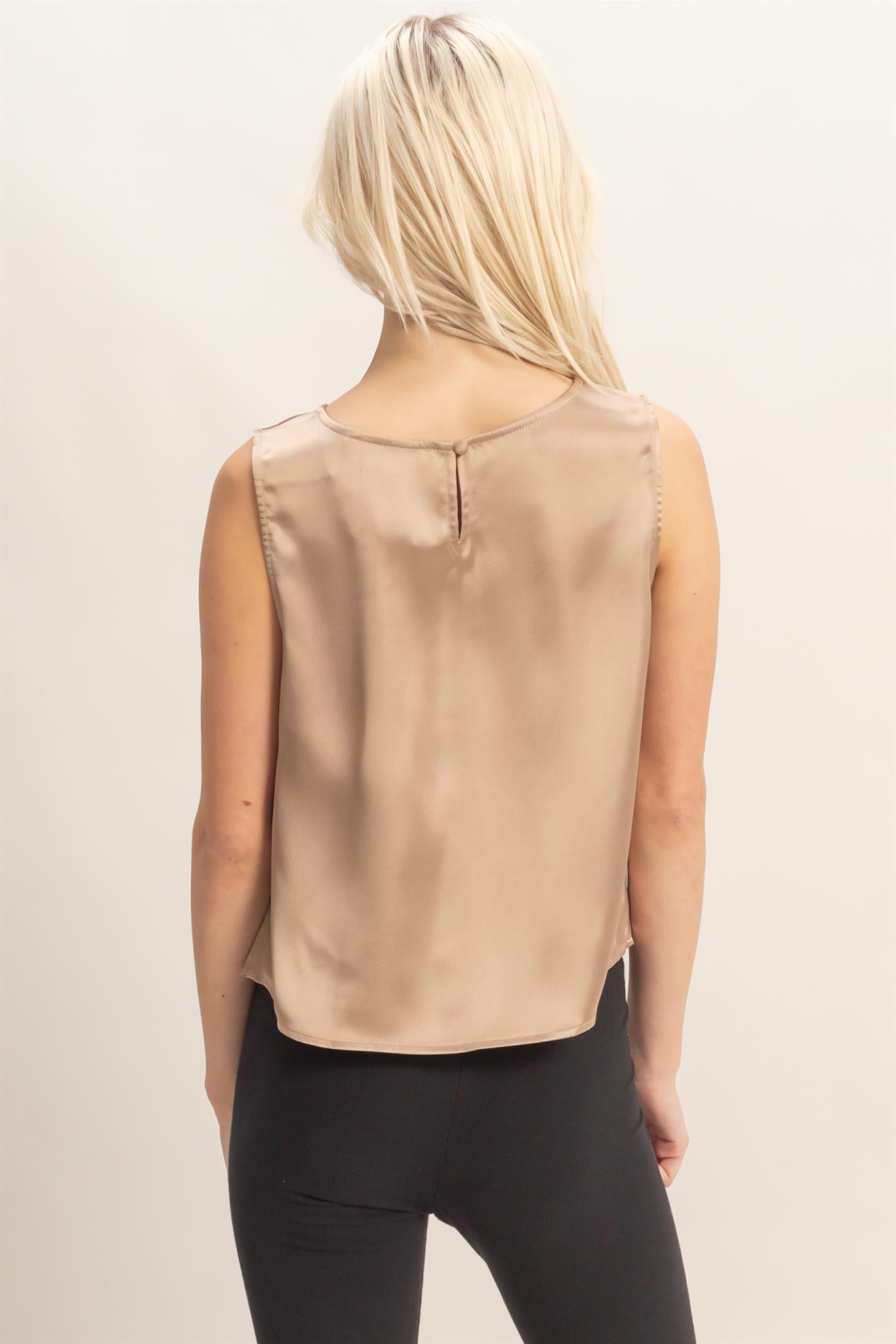 Wholesale Satin Sleeveless Round Neck Top With Back Keyhole Clothing Tops DZ26C084 DARK TAUPE DOUBLE ZERO