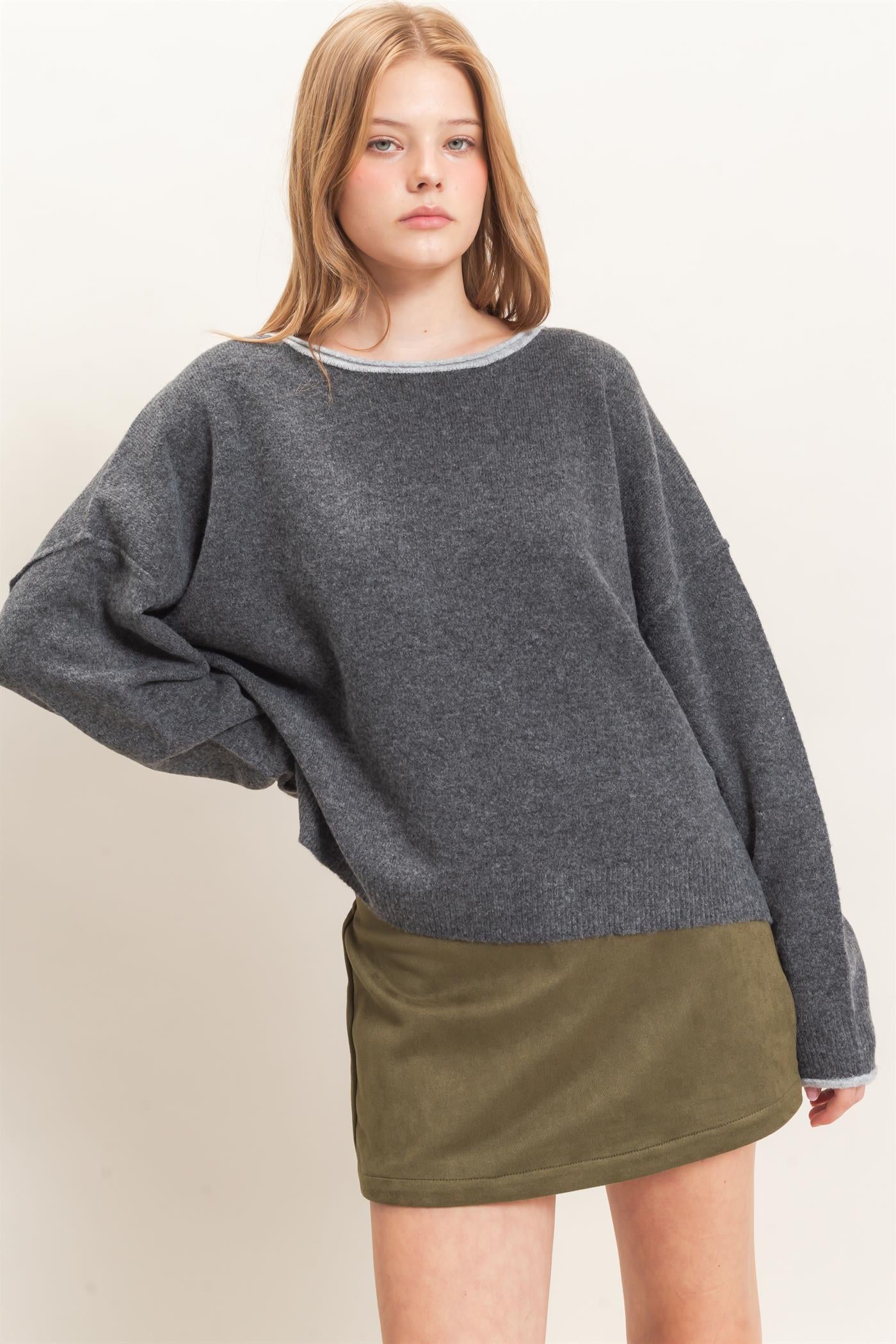Wholesale Relaxed Wide Neck Knit Sweater Sweaters HF26E066-D CHARCOAL HYFVE