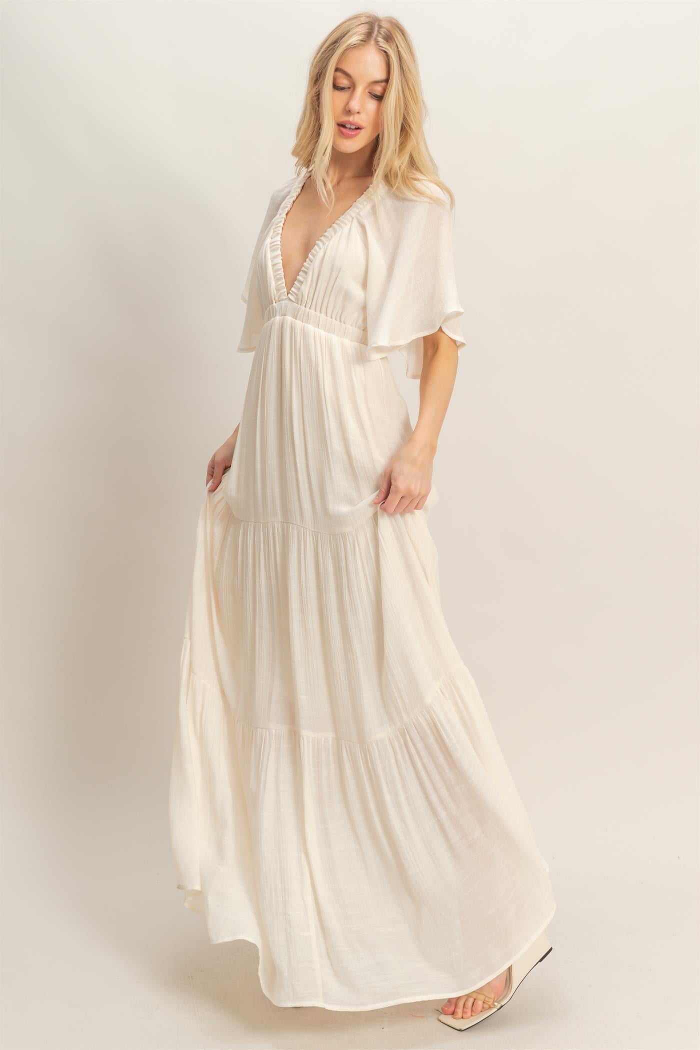 Wholesale Flutter Sleeve Maxi Dress Dresses HF26C285-D CREAM HYFVE