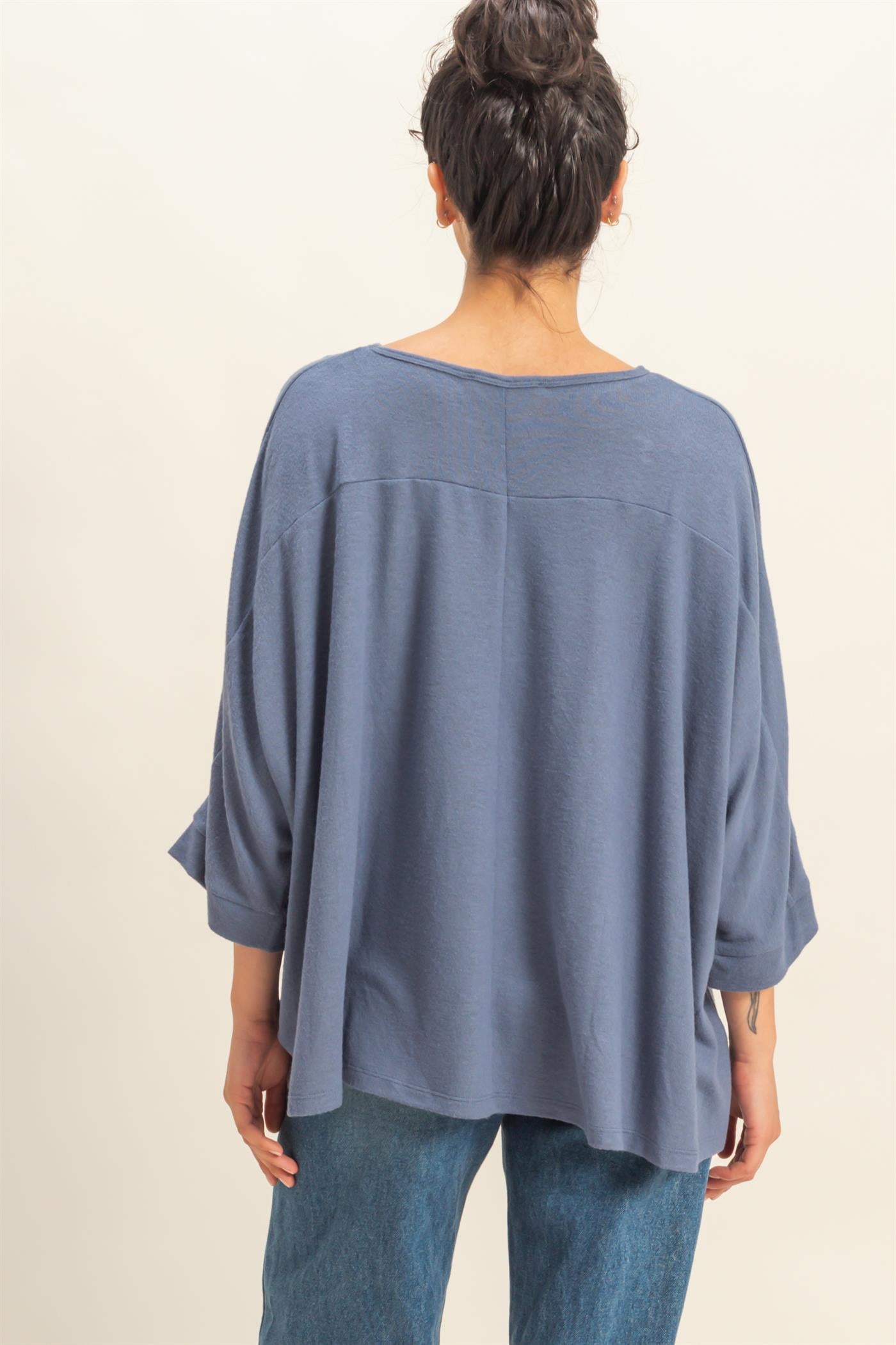 Wholesale Batwing 3/4 Sleeve Oversized Top Clothing Tops DZ25E133 DUSTY NAVY DOUBLE ZERO