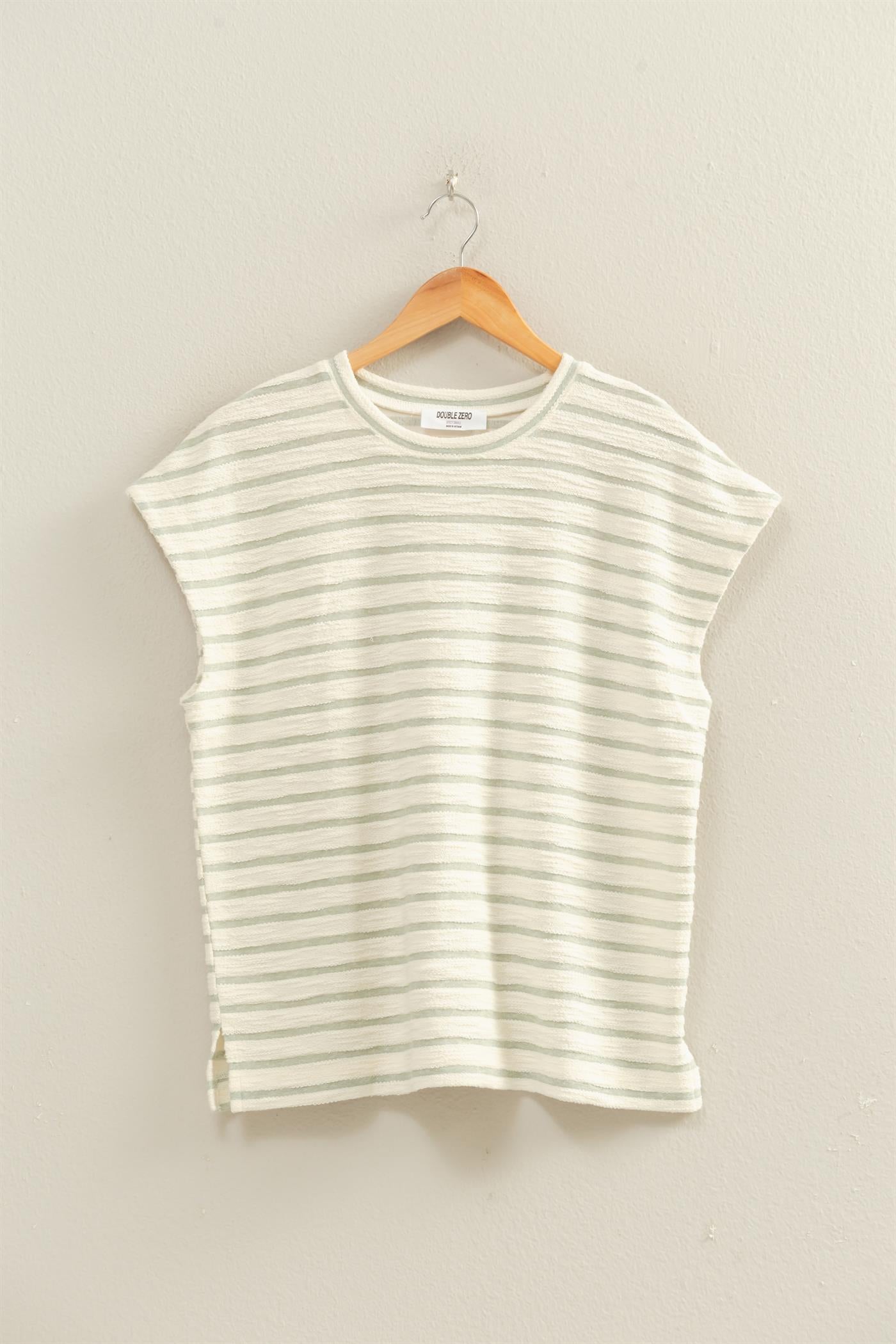Wholesale Striped Round Neck Short Sleeve Top Clothing Tops DZ26A754 SAGE GREEN DOUBLE ZERO