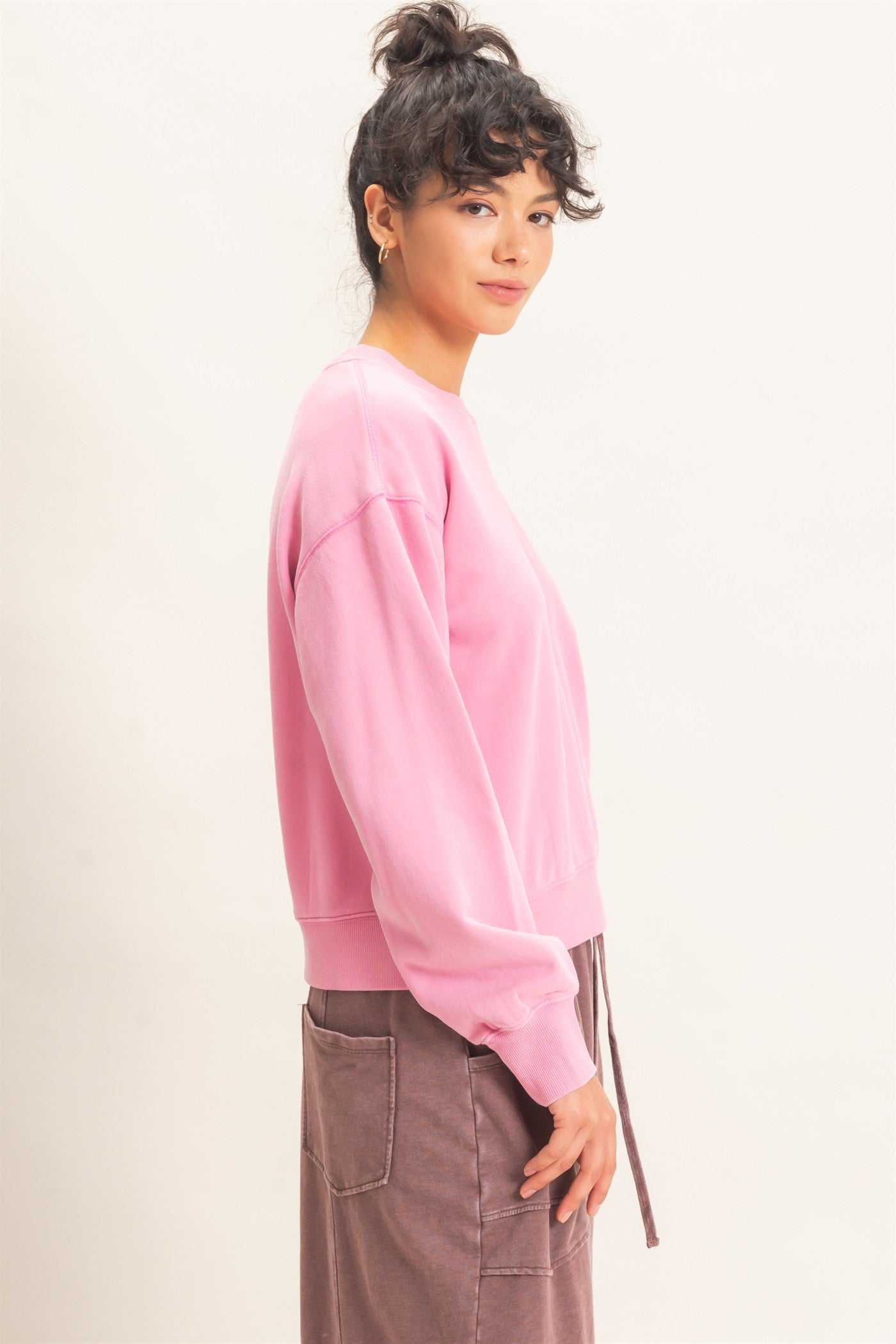 Wholesale Acid Wash Crew Neck Sweatshirt Sweatshirts DZ26E082 PINK DOUBLE ZERO