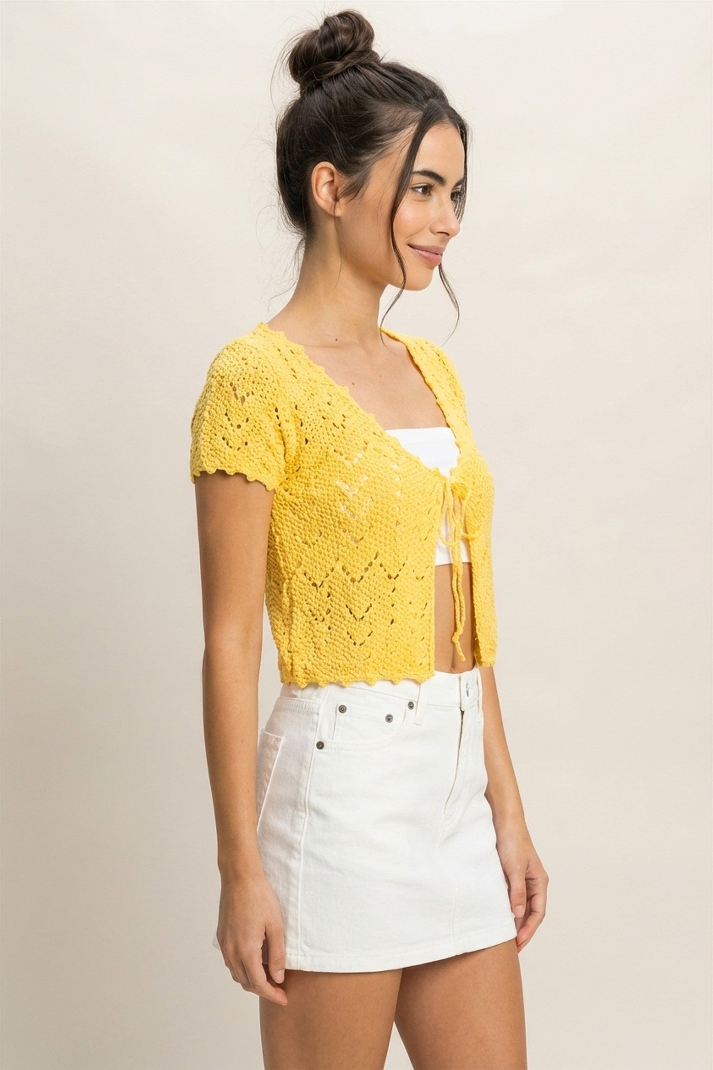 Wholesale Pointelle Tie Front Knit Cardigan Clothing Tops DZ24C268 PINEAPPLE DOUBLE ZERO