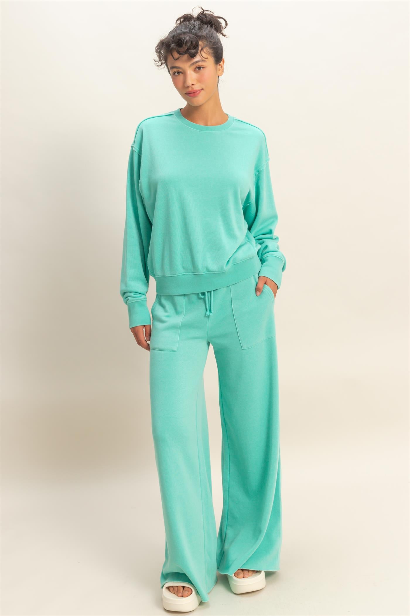 Wholesale Raw Edge Detail Burnout Sweatshirt Sweatshirts DZ26A048 TURQUOISE DOUBLE ZERO