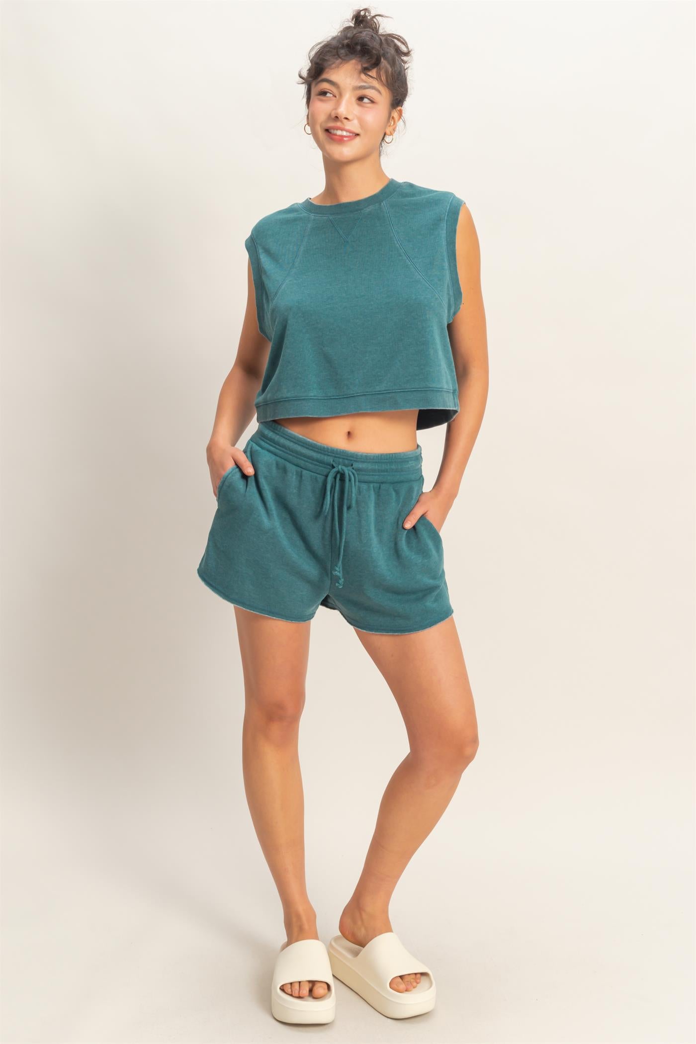 Wholesale Burnout French Terry Sleeveless Top & Shorts Set Clothing Tops DZ26A171-SET DARK TEAL DOUBLE ZERO