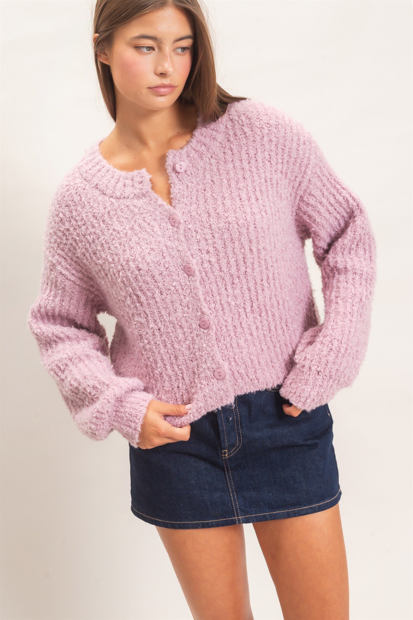 Wholesale Boucle Knit Button Front Cardigan Cardigans DZ26E270 PINK FROST DOUBLE ZERO