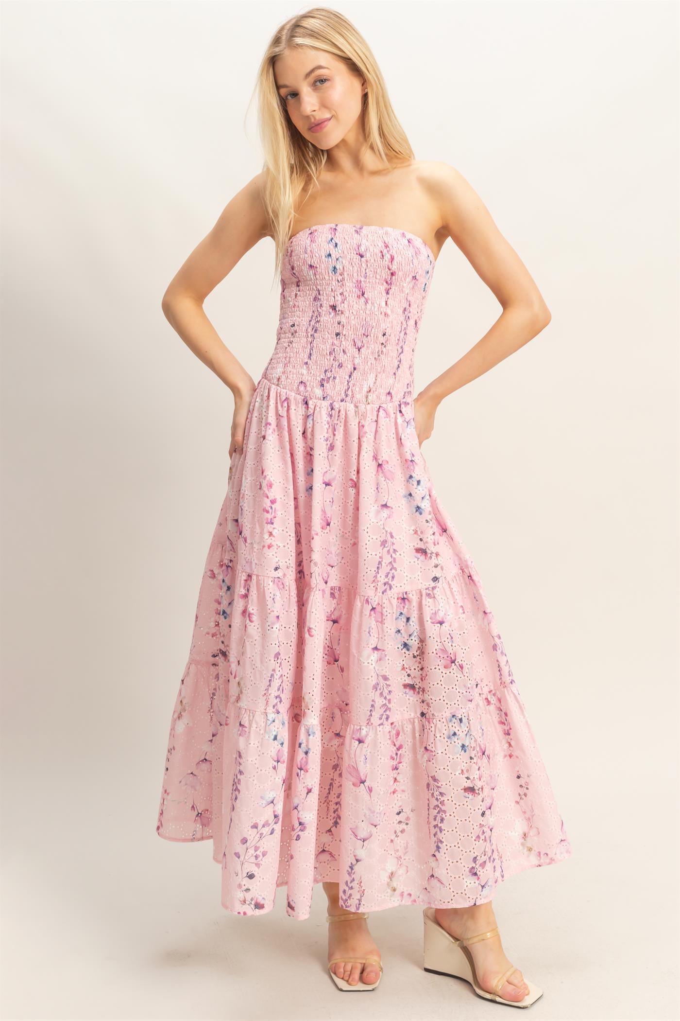 Wholesale Strapless Smocked Floral Dress Dresses HF25E642-D PINK HYFVE