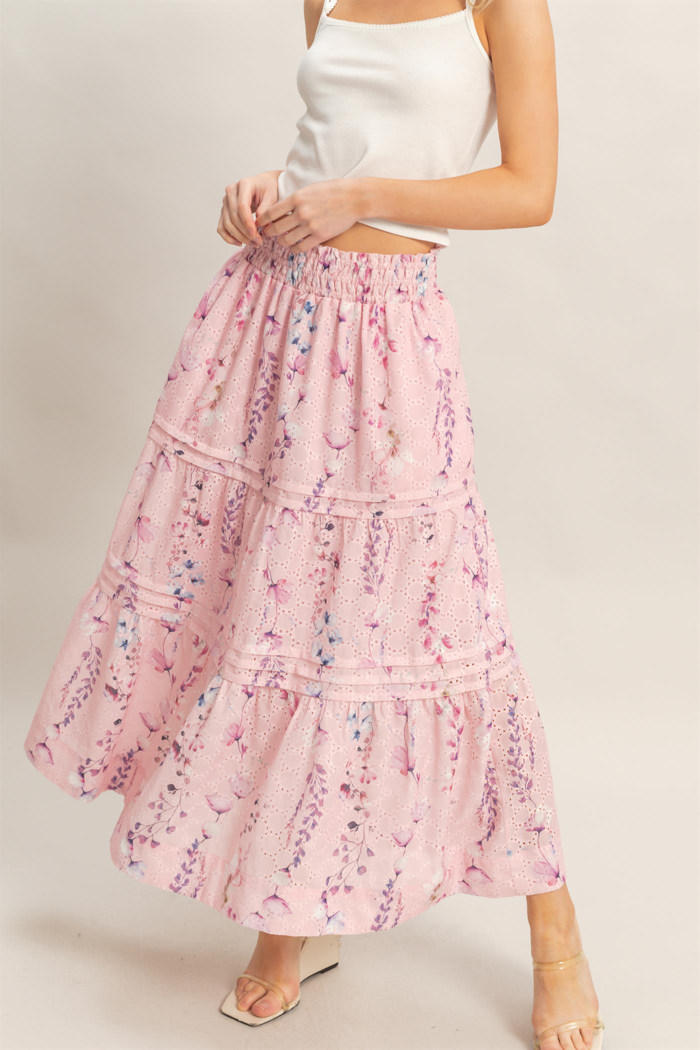 Wholesale Floral Smocked Waist Skirt Skirts HF26A361-D PINK HYFVE