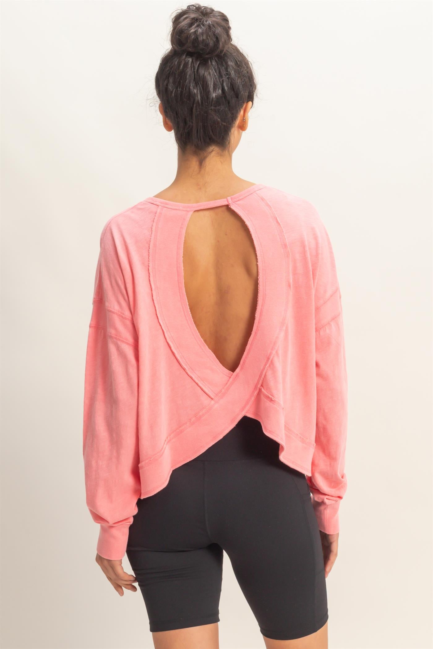 Wholesale Cross Detail Open Back Long-Sleeve Top Clothing Tops DZ26C731 TAFFY PINK DOUBLE ZERO
