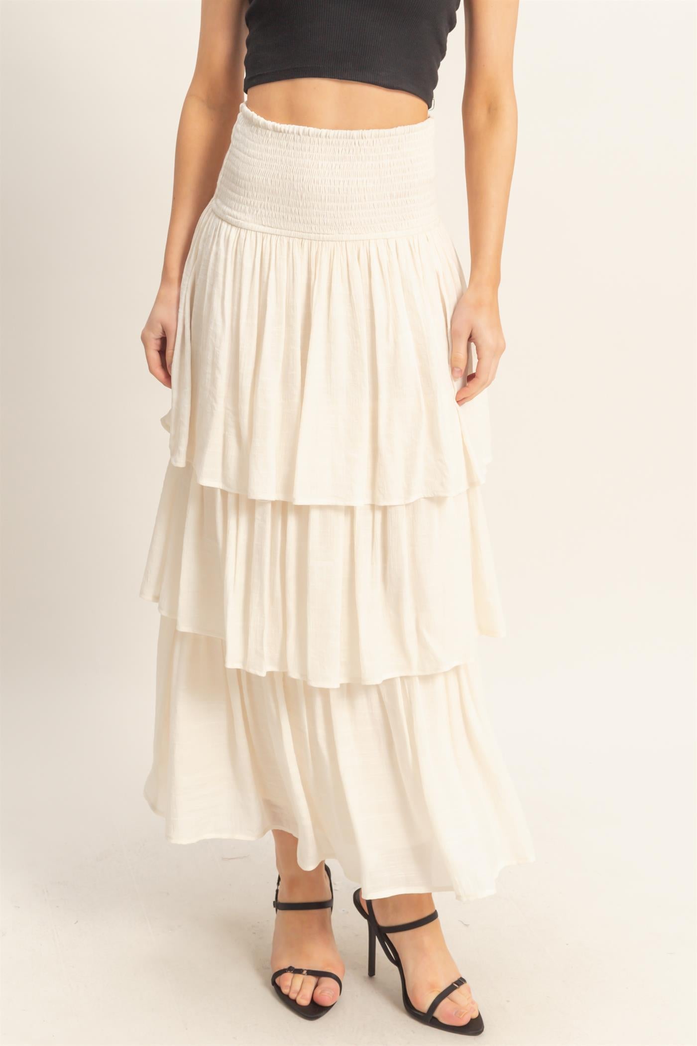 Wholesale Tiered Smocked Waist Skirt Skirts HF26C188-D CREAM HYFVE