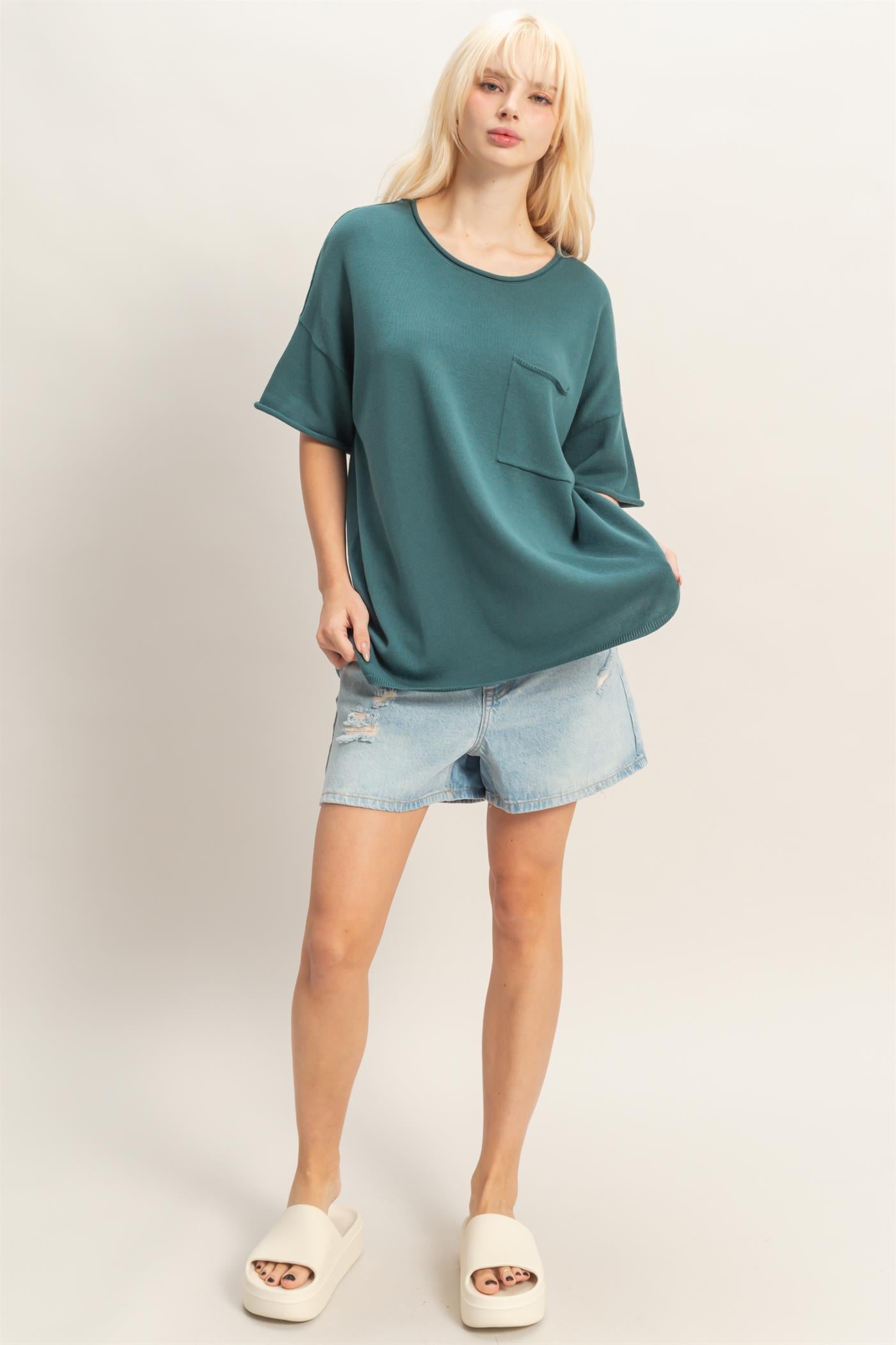 Wholesale Oversized Short Sleeve Round Neck Pocket Knit Top Clothing Tops DZ26A691 DARK TEAL DOUBLE ZERO